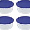 Pyrex Storage 4 Cup Round Dish, Clear with Blue Lid - Original Genuine Pyrex - Pack of 4 Containers