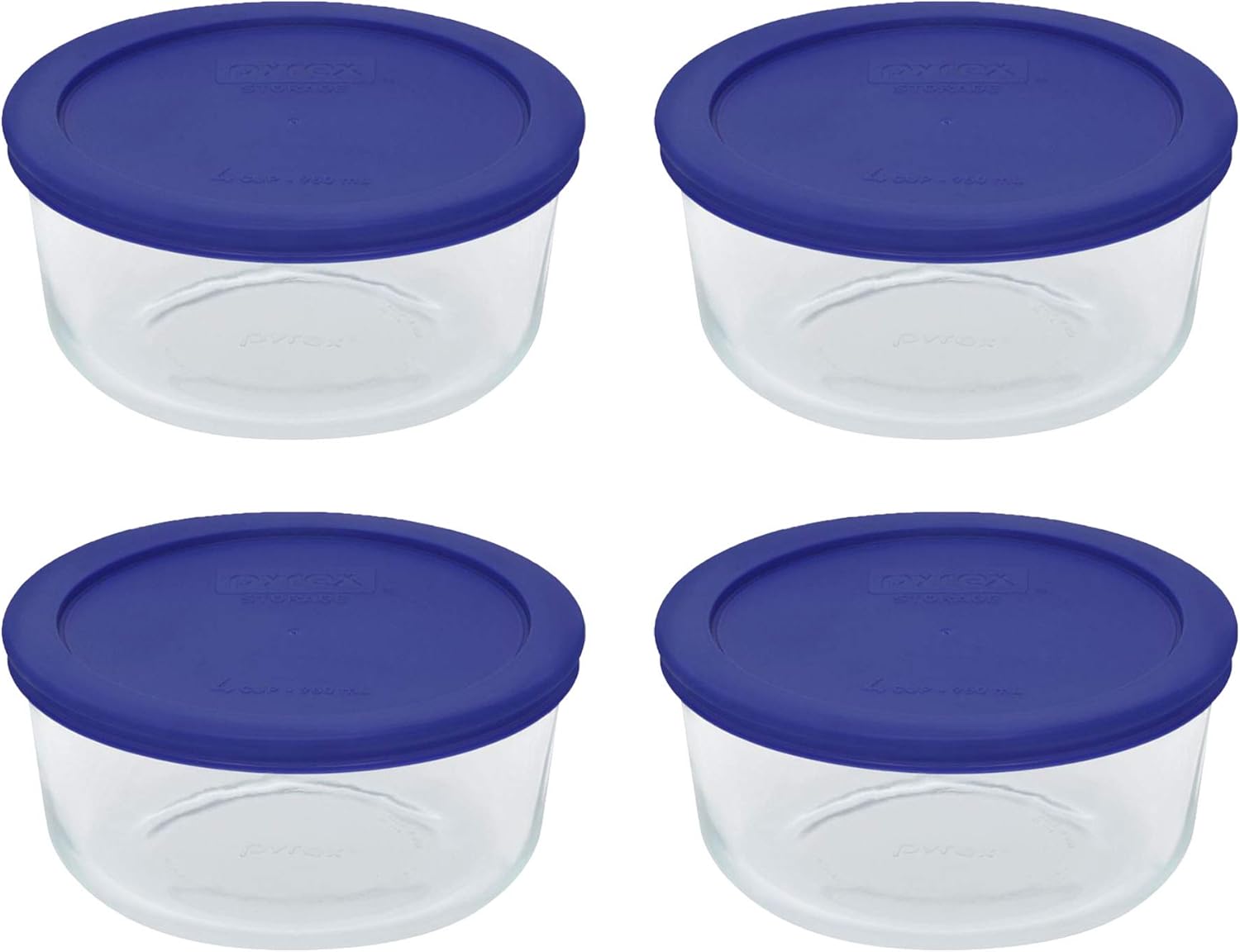 Pyrex Storage 4 Cup Round Dish, Clear with Blue Lid - Original Genuine Pyrex - Pack of 4 Containers Pyrex Storage 4 Cup Round Dish, Clear with Blue Lid - Original Genuine Pyrex - Pack of 4 Containers