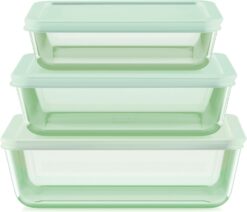 Pyrex Year of Color (3-Pack) Tinted Rectangular Glass Food Storage Containers Set, (3, 6 & 11 Cup) Meal Prep Containers With BPA-Free Lids, Dishwasher & Microwave Safe, Green