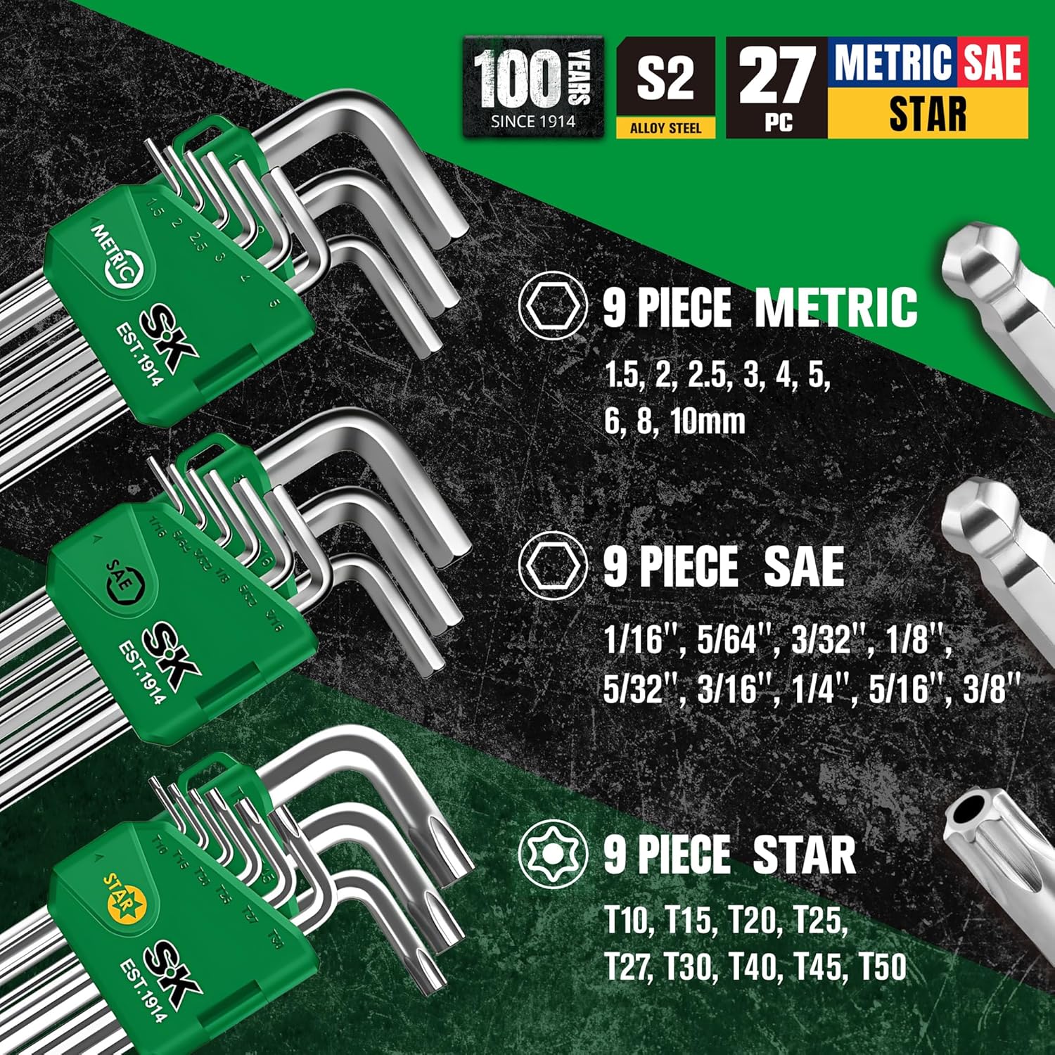 SK 27-Piece Allen Wrench Set, Metric SAE Star Hex Key Set, L-Shaped, S2 Steel2