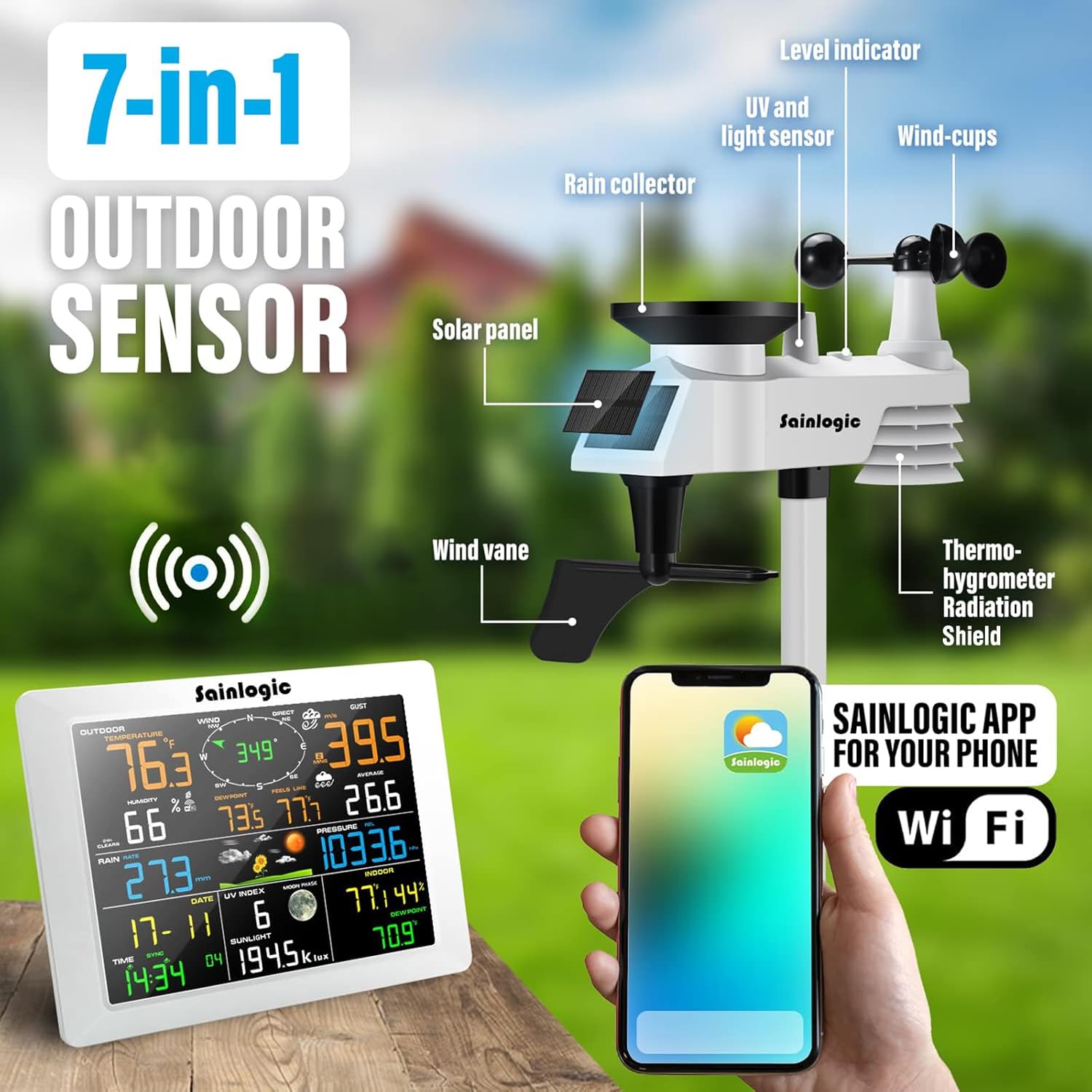 Sainlogic WiFi Weather Station with 8.3 inch Large Display Wireless Weather Station, Indoor Outdoor Remote Monitoring System, Rain Gauge and Temperature Wind Gauge, Wunderground(White)1