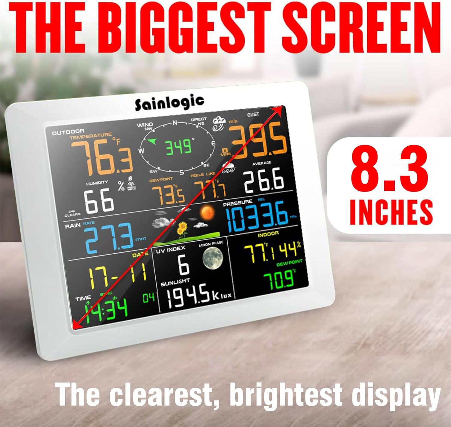 Sainlogic WiFi Weather Station with 8.3 inch Large Display Wireless Weather Station, Indoor Outdoor Remote Monitoring System, Rain Gauge and Temperature Wind Gauge, Wunderground(White)2