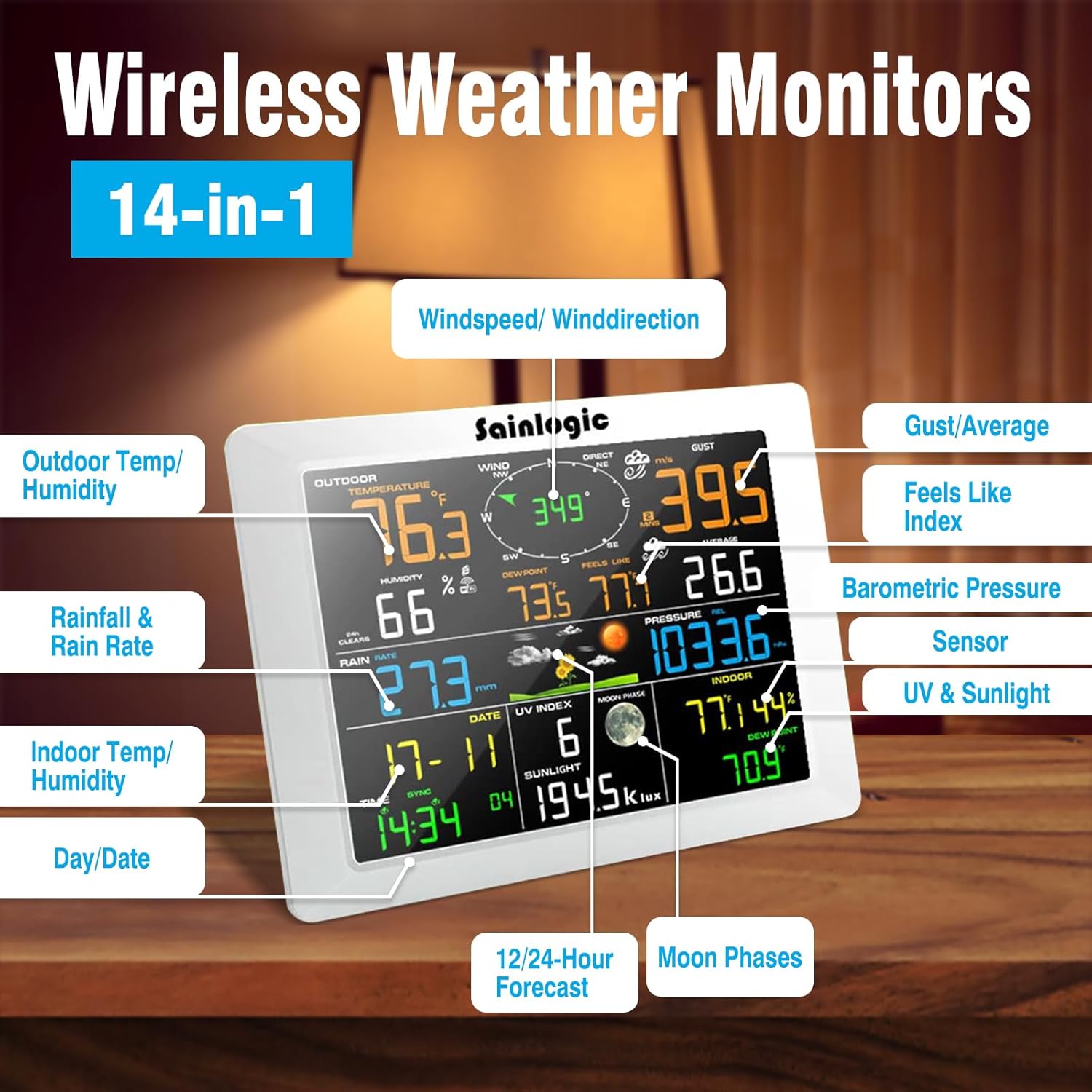 Sainlogic WiFi Weather Station with 8.3 inch Large Display Wireless Weather Station, Indoor Outdoor Remote Monitoring System, Rain Gauge and Temperature Wind Gauge, Wunderground(White)4