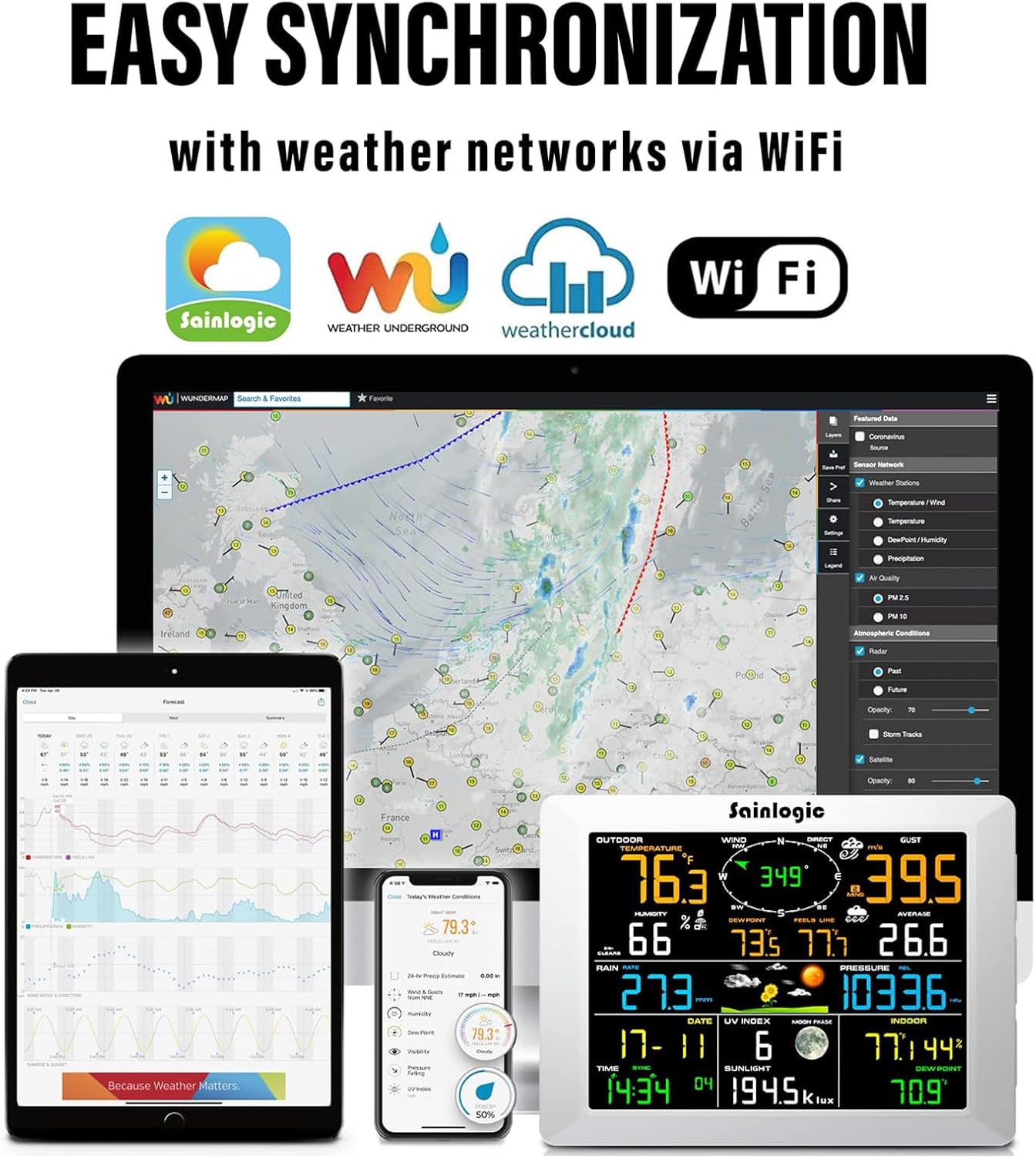 Sainlogic WiFi Weather Station with 8.3 inch Large Display Wireless Weather Station, Indoor Outdoor Remote Monitoring System, Rain Gauge and Temperature Wind Gauge, Wunderground(White)5