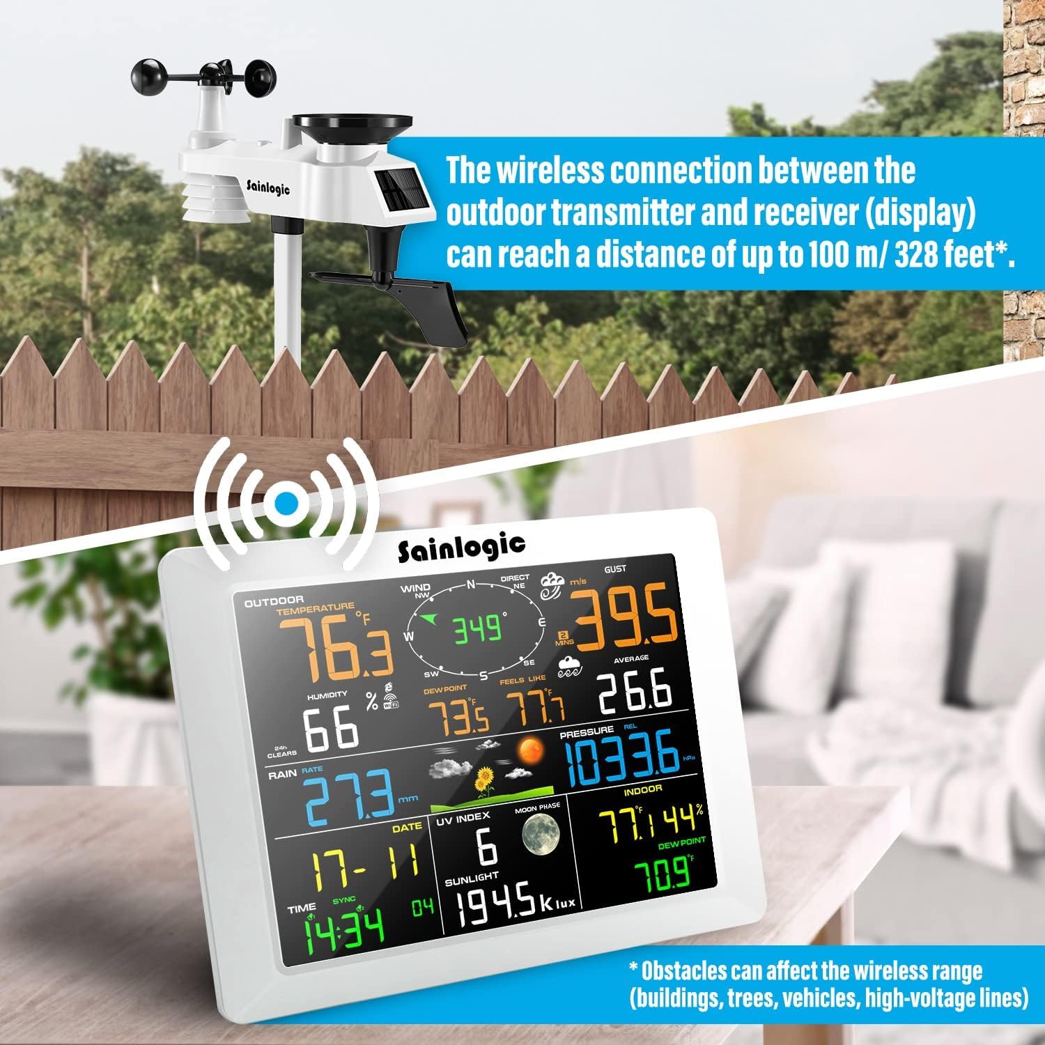 Sainlogic WiFi Weather Station with 8.3 inch Large Display Wireless Weather Station, Indoor Outdoor Remote Monitoring System, Rain Gauge and Temperature Wind Gauge, Wunderground(White)7