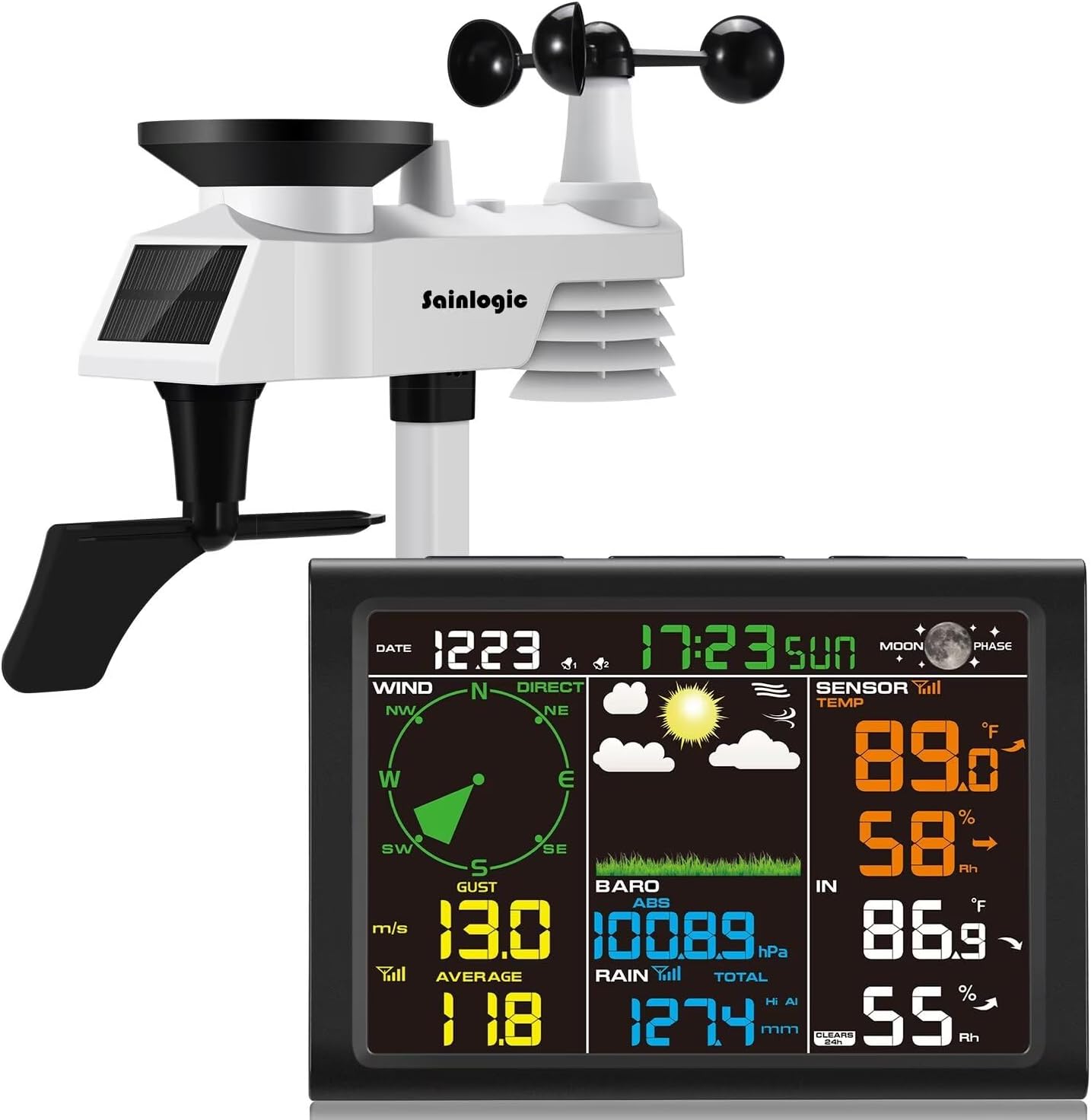 Sainlogic Wireless Weather Station with Outdoor Sensor, 8-in-1 Weather Station with Weather Forecast, Temperature, Air Pressure, Humidity, Wind Gauge, Rain Gauge, Moon Phrase, Alarm Clock (No WiFi) Sainlogic Wireless Weather Station with Outdoor Sensor, 8-in-1 Weather Station with Weather Forecast, Temperature, Air Pressure, Humidity, Wind Gauge, Rain Gauge, Moon Phrase, Alarm Clock (No WiFi)