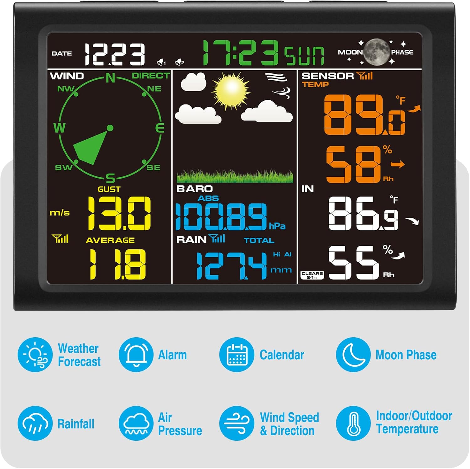 Sainlogic Wireless Weather Station with Outdoor Sensor, 8-in-1 Weather Station with Weather Forecast, Temperature, Air Pressure, Humidity, Wind Gauge, Rain Gauge, Moon Phrase, Alarm Clock (No WiFi)1