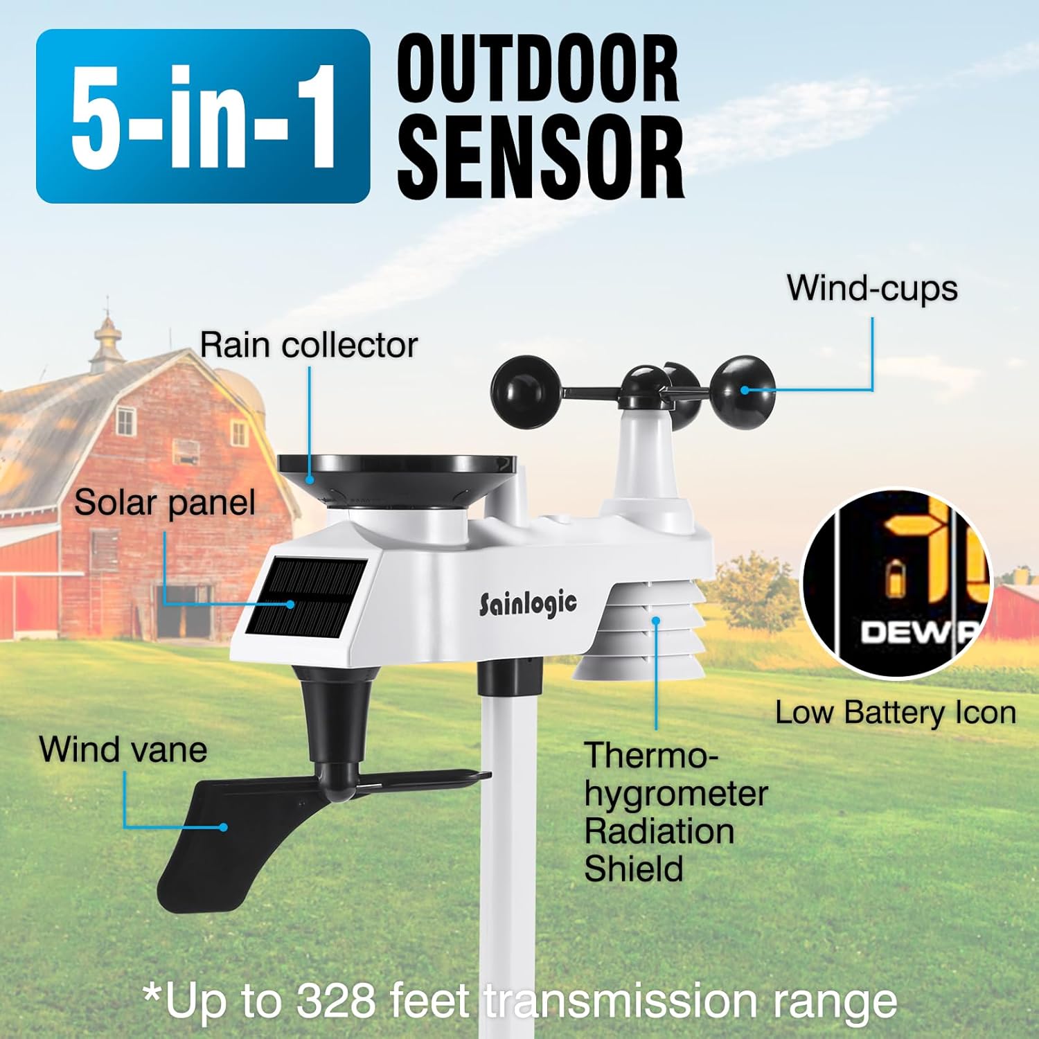 Sainlogic Wireless Weather Station with Outdoor Sensor, 8-in-1 Weather Station with Weather Forecast, Temperature, Air Pressure, Humidity, Wind Gauge, Rain Gauge, Moon Phrase, Alarm Clock (No WiFi)2