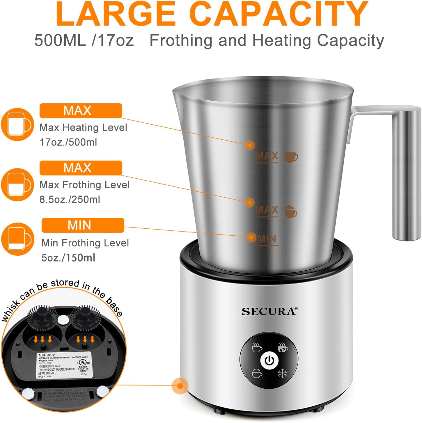 Secura Automatic Milk Frother, 4-in-1 Electric Milk Steamer, 17oz Detachable Hot Cold Foam Maker, Milk Warmer for Latte, Cappuccinos, Macchiato, Hot Chocolate, with Silicone Spatula & 2 Whisks45