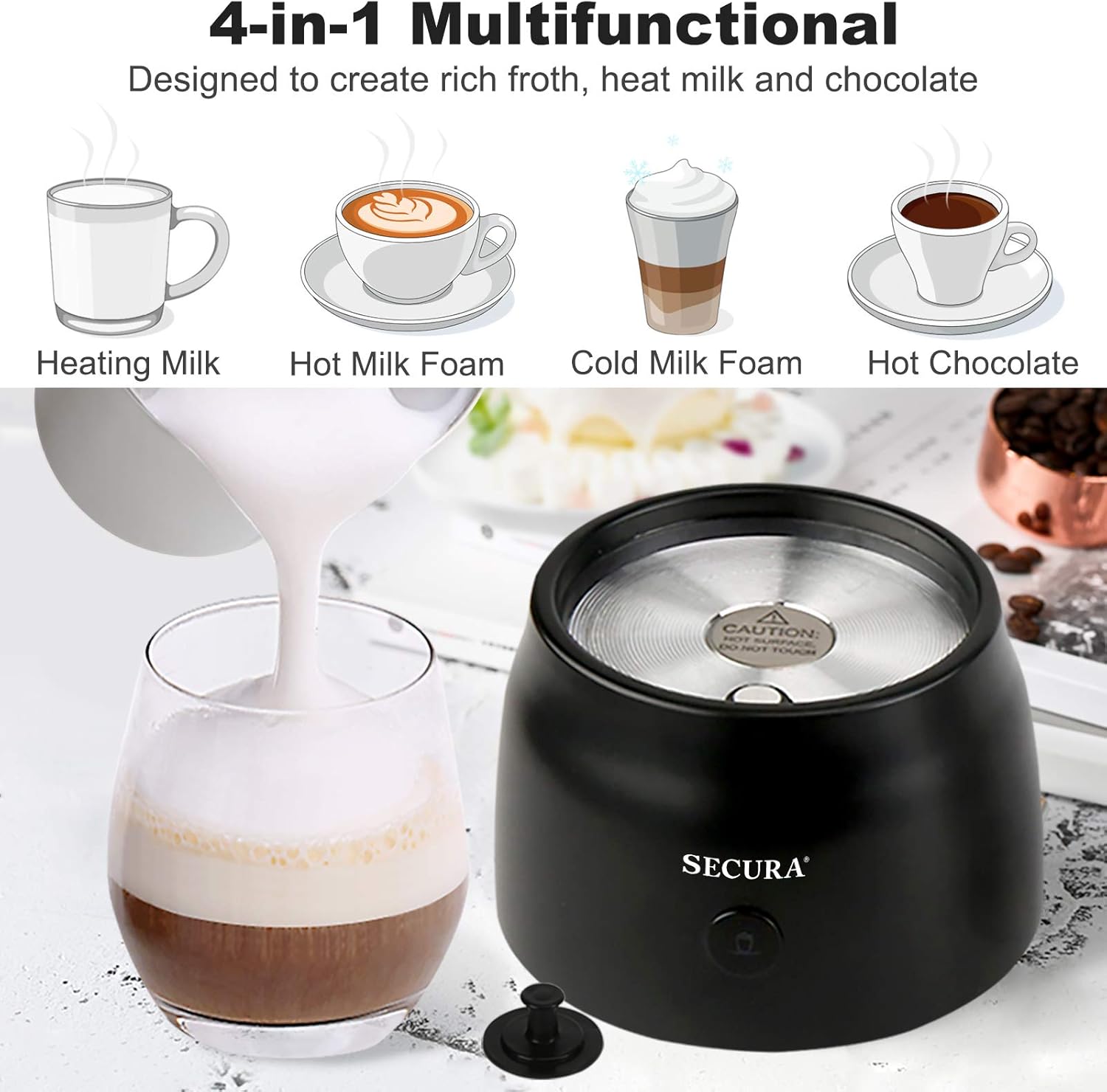 Secura Detachable Milk Frother, 17oz Electric Milk Steamer Stainless Steel, Automatic Hot Cold Foam and Hot Chocolate Maker with Dishwasher Safe, 120V1