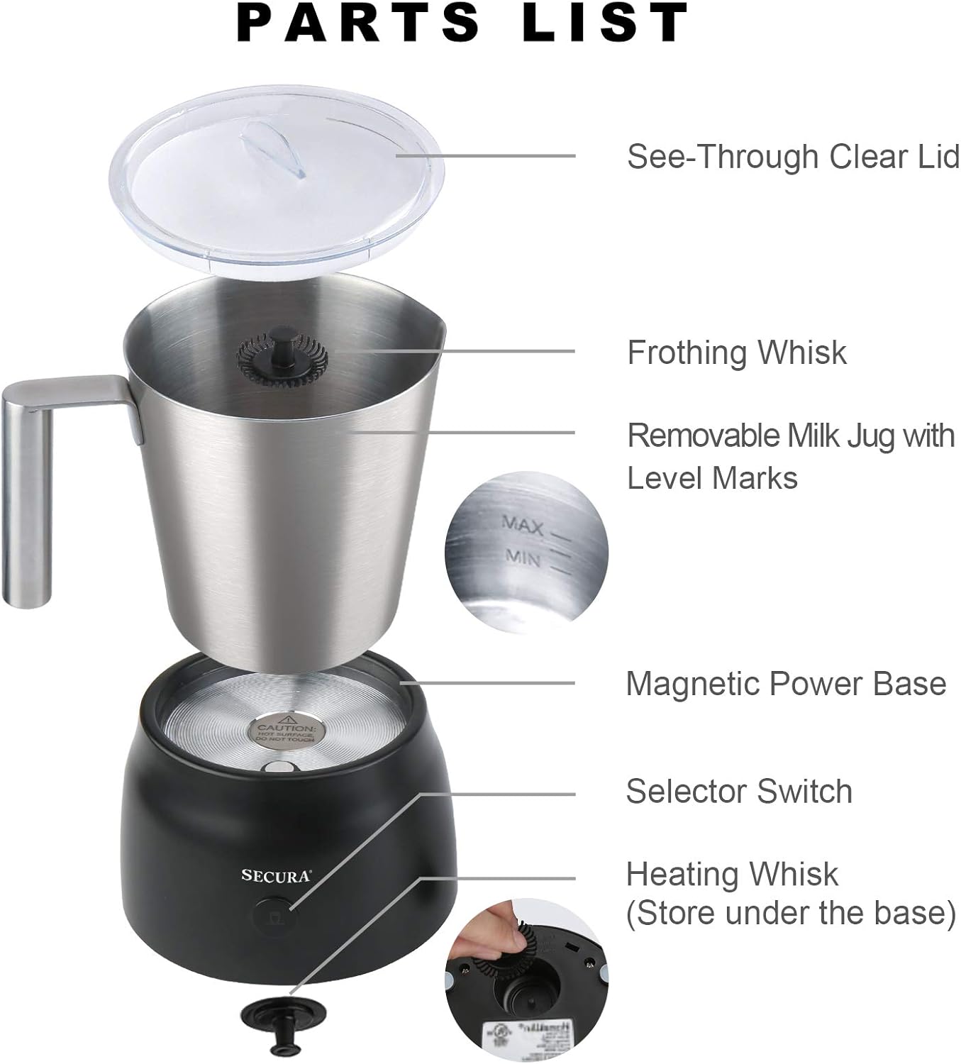 Secura Detachable Milk Frother, 17oz Electric Milk Steamer Stainless Steel, Automatic Hot Cold Foam and Hot Chocolate Maker with Dishwasher Safe, 120V8
