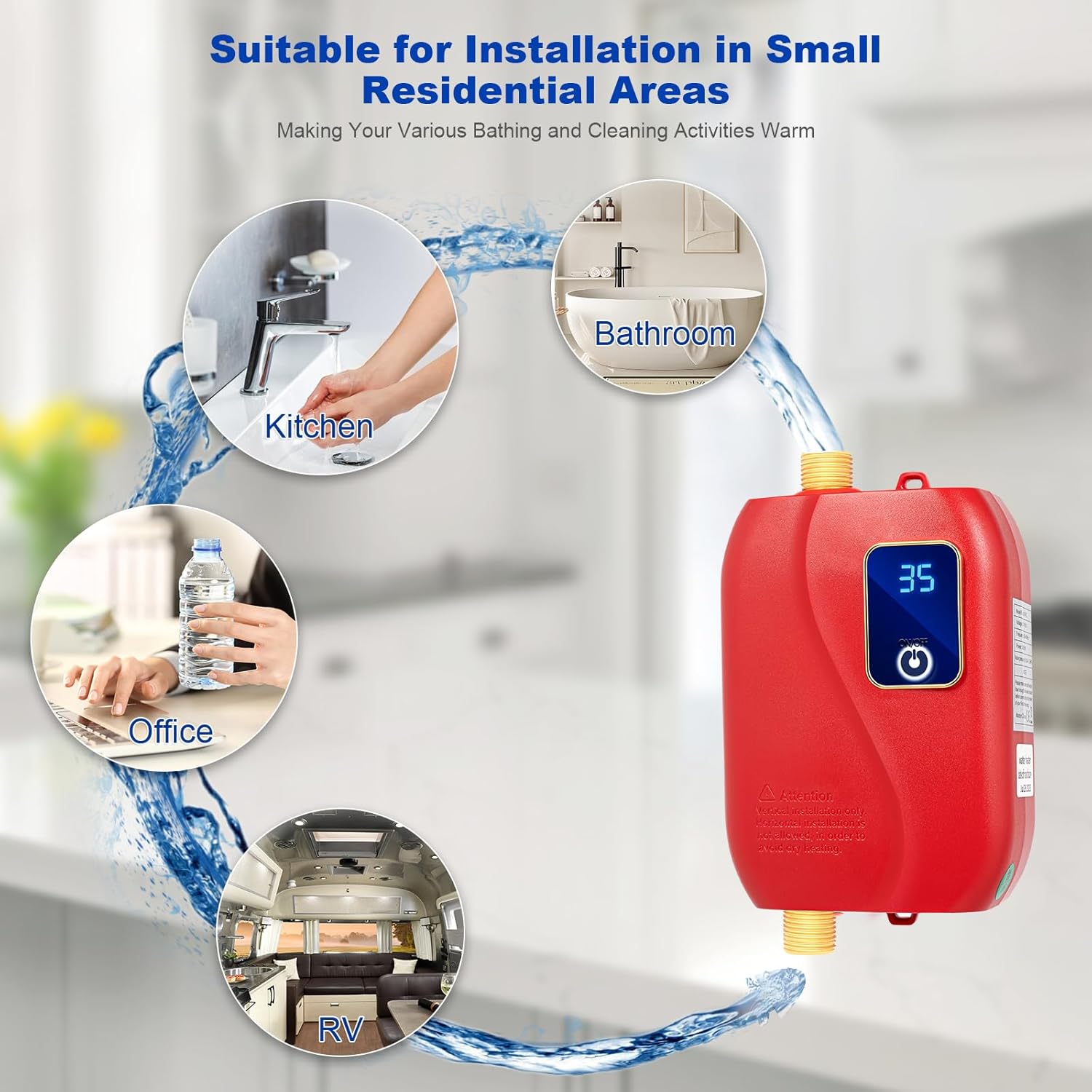 Tankless Electric Water Heater 110V 3000W Under Sink On Demand Instant Hot Water Heater with LED Display for Bathroom Kitchen Washing, Bars, Schools, Hospitals, Hair Salons (Red)`