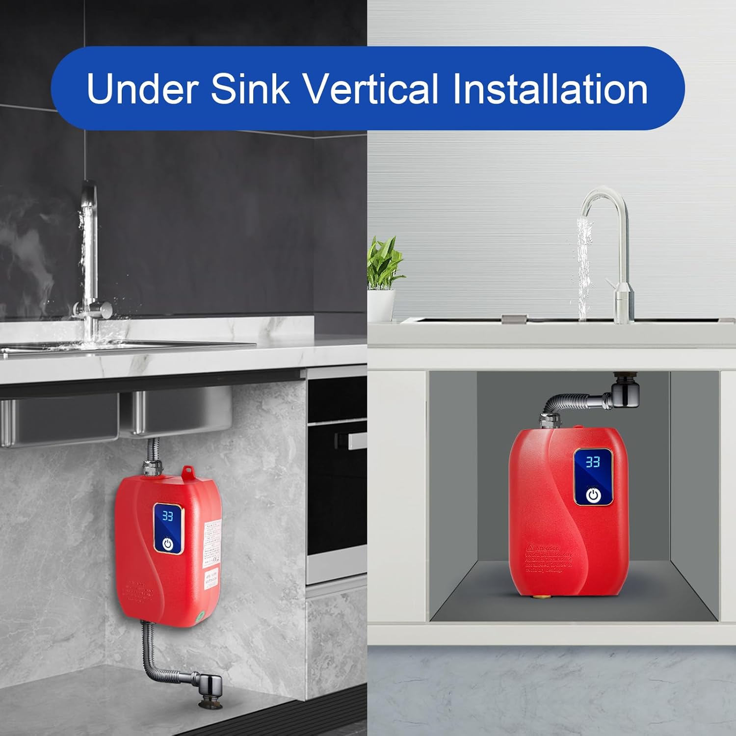 Tankless Electric Water Heater 110V 3000W Under Sink On Demand Instant Hot Water Heater with LED Display for Bathroom Kitchen Washing, Bars, Schools, Hospitals, Hair Salons (Red)0