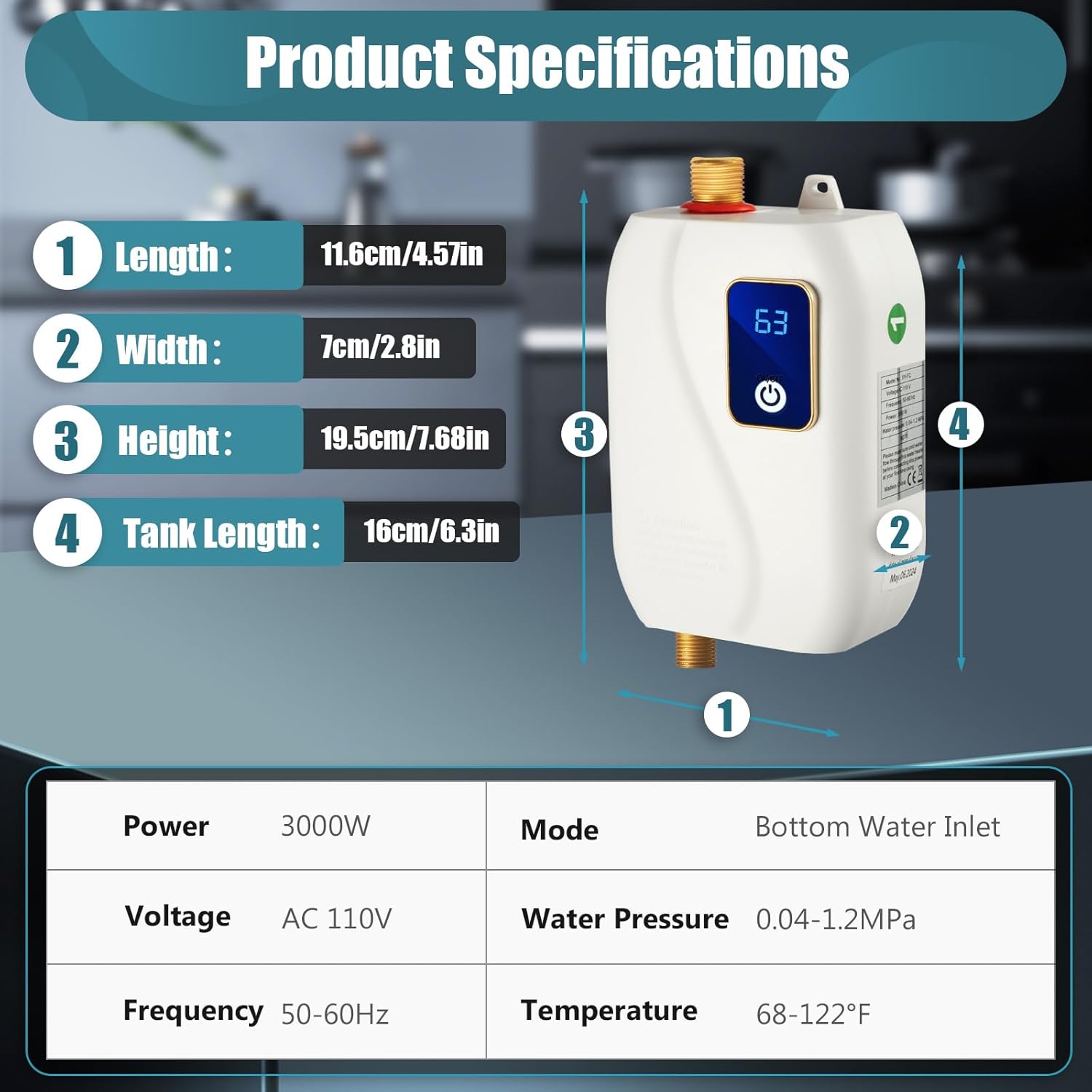 Tankless Electric Water Heater 110V 3000W Under Sink On Demand Instant Hot Water Heater with LED Display for Bathroom Kitchen Washing, Bars, Schools, Hospitals, Hair Salons (White)4