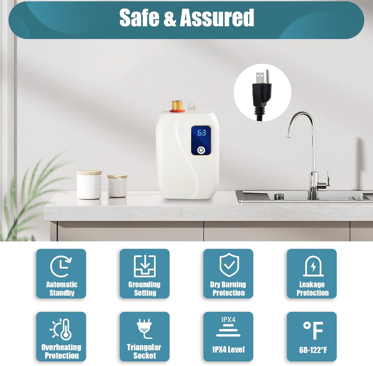 Tankless Electric Water Heater 110V 3000W Under Sink On Demand Instant Hot Water Heater with LED Display for Bathroom Kitchen Washing, Bars, Schools, Hospitals, Hair Salons (White)7