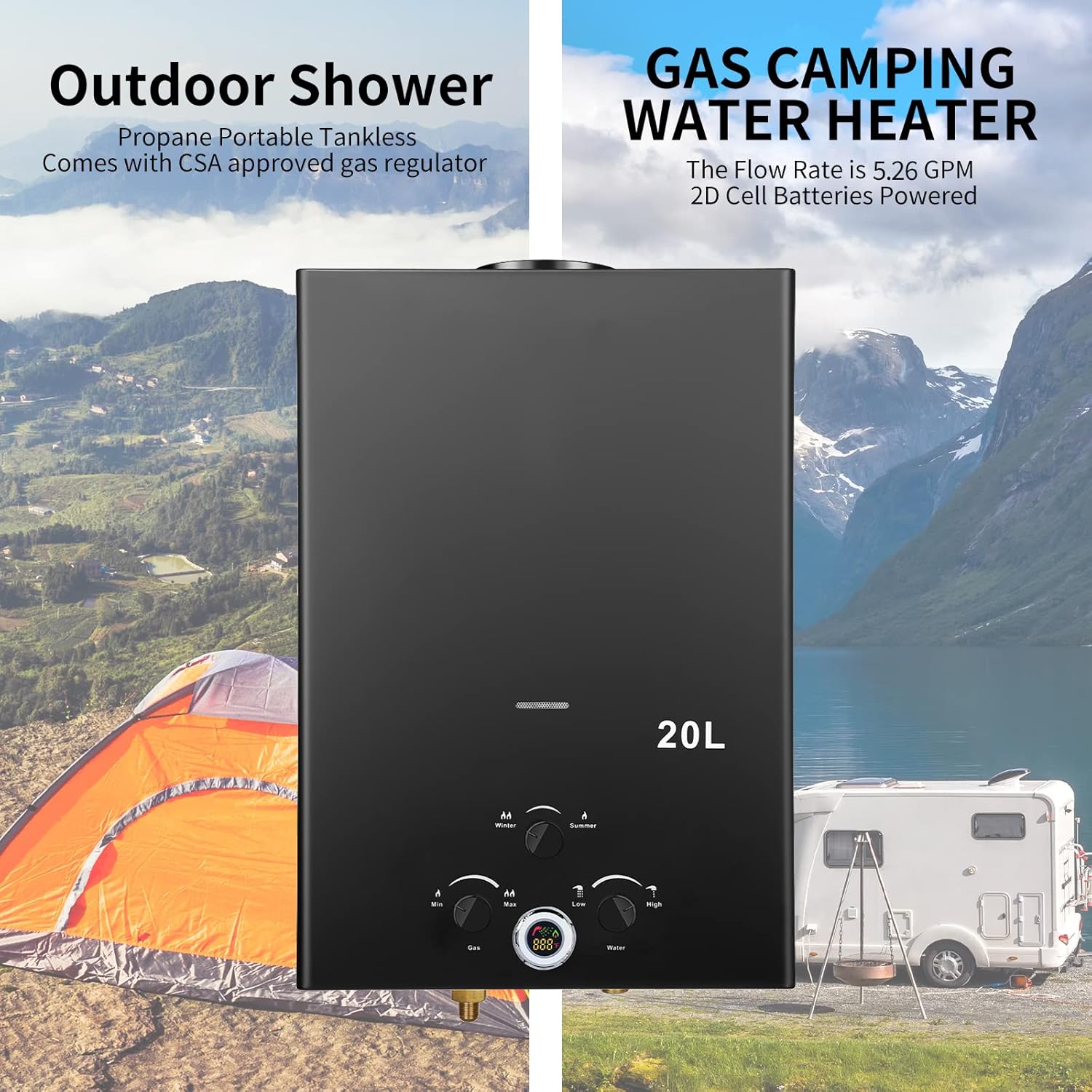 Tankless Water Heater 5.26GPM 20L Outdoor Portable GasHot Water Heater Instant Propane Water Heater with Digital Display Multi-Protection for Camping Trips Boat Cabins0