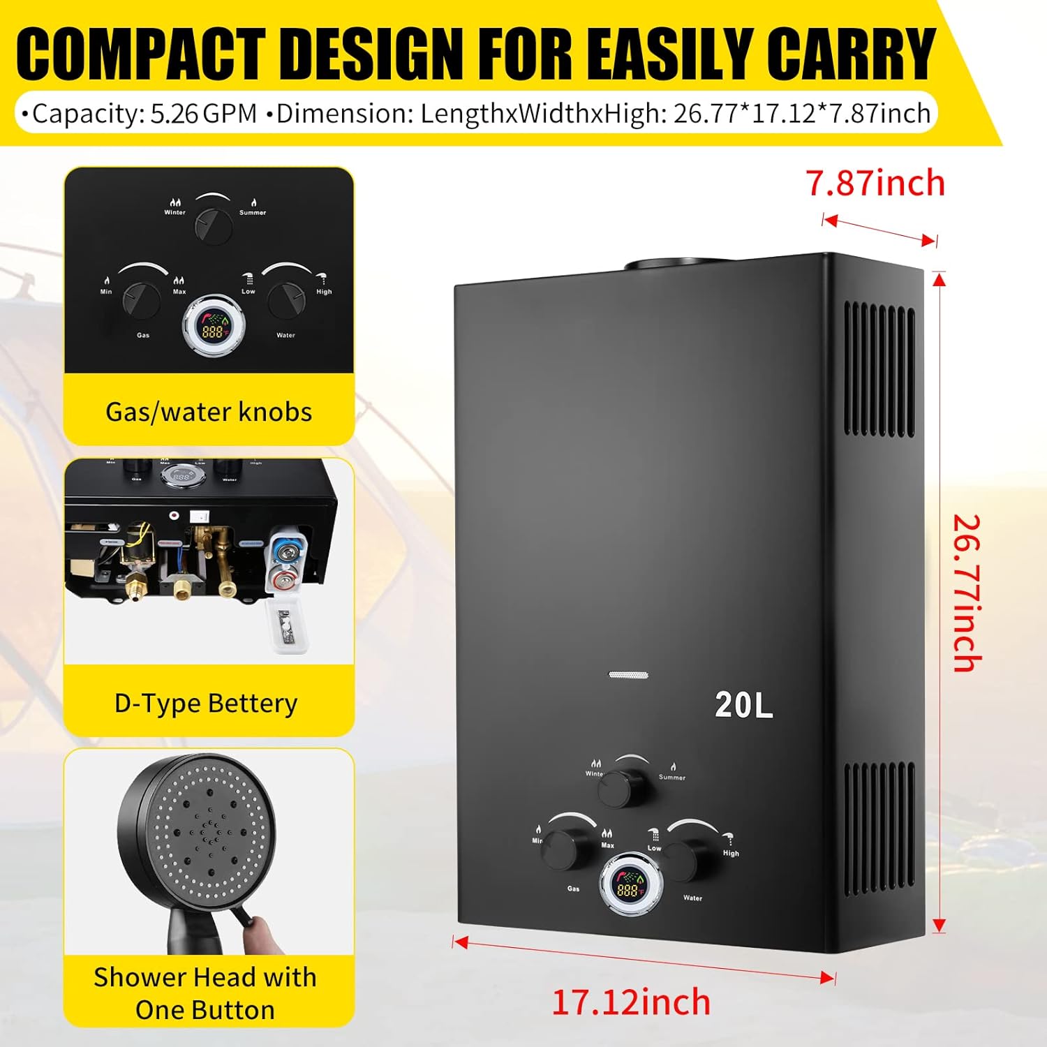 Tankless Water Heater 5.26GPM 20L Outdoor Portable GasHot Water Heater Instant Propane Water Heater with Digital Display Multi-Protection for Camping Trips Boat Cabins1