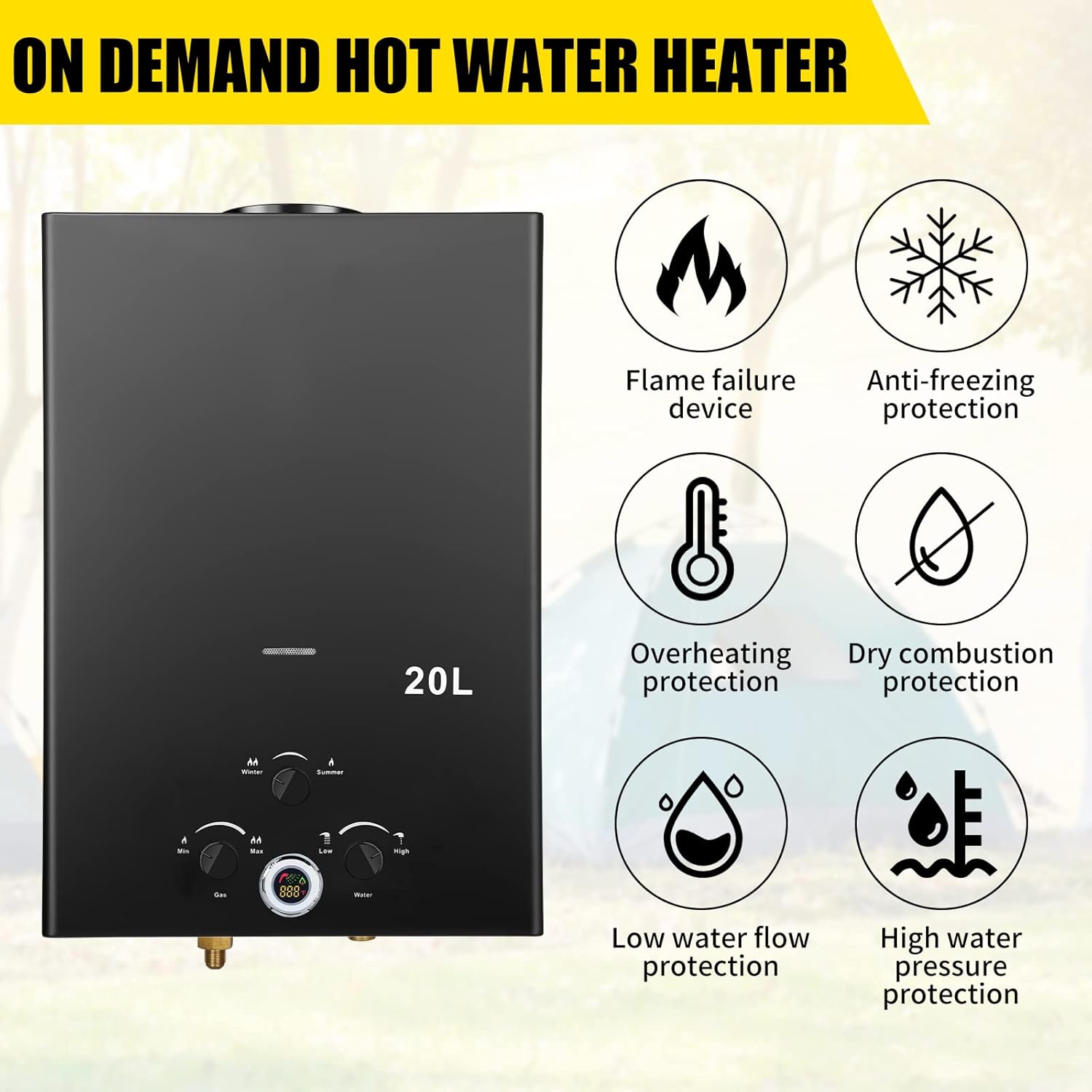 Tankless Water Heater 5.26GPM 20L Outdoor Portable GasHot Water Heater Instant Propane Water Heater with Digital Display Multi-Protection for Camping Trips Boat Cabins4