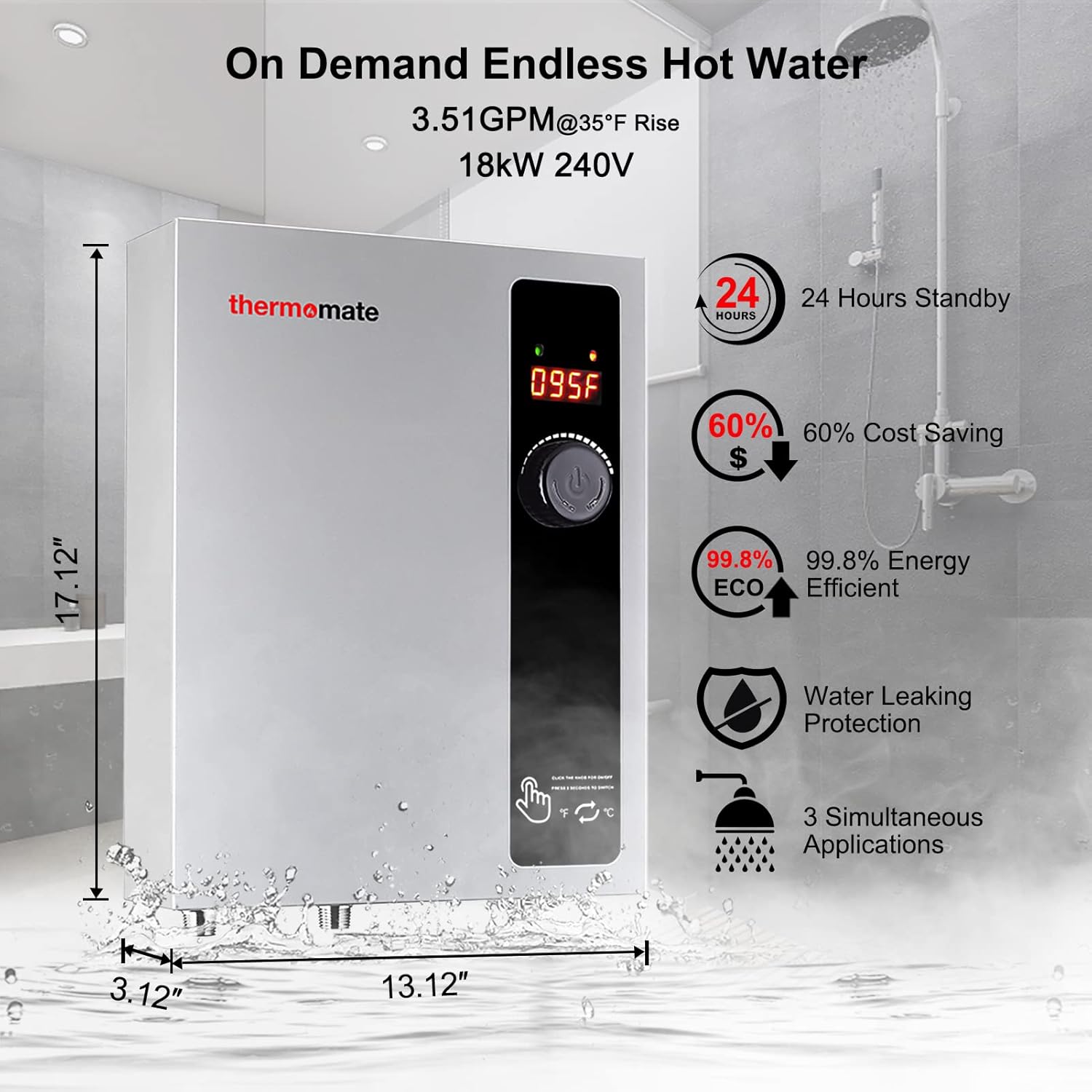Tankless Water Heater Electric 18kW 208~240 Volt, thermomate On Demand Instant Endless Hot Water Heater, Digital Temperature Display Easy Installation, for Residential Whole House Shower, 76A GRAY1