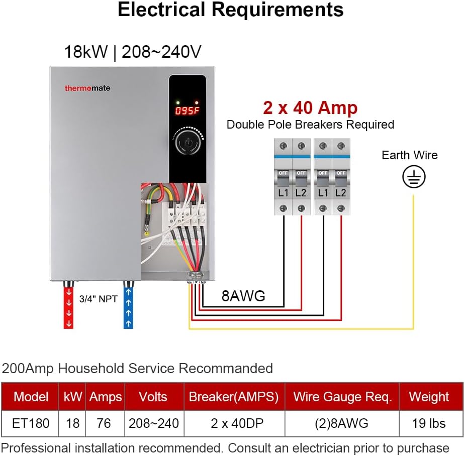 Tankless Water Heater Electric 18kW 208~240 Volt, thermomate On Demand Instant Endless Hot Water Heater, Digital Temperature Display Easy Installation, for Residential Whole House Shower, 76A GRAY4