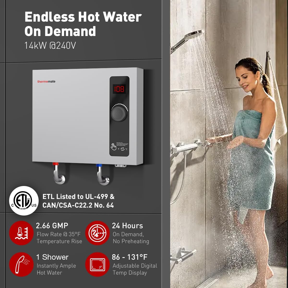 Tankless Water Heater Electric, thermomate 14kW at 240 Volt, On Demand Instant Hot Water Heater for Shower, Self-Modulating Save Energy, Save Space, 2.66GPM at 35°F Rise ET1401