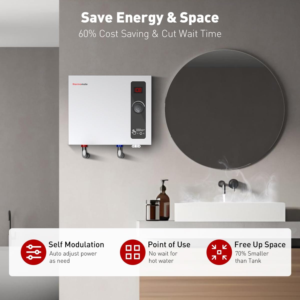 Tankless Water Heater Electric, thermomate 14kW at 240 Volt, On Demand Instant Hot Water Heater for Shower, Self-Modulating Save Energy, Save Space, 2.66GPM at 35°F Rise ET1407