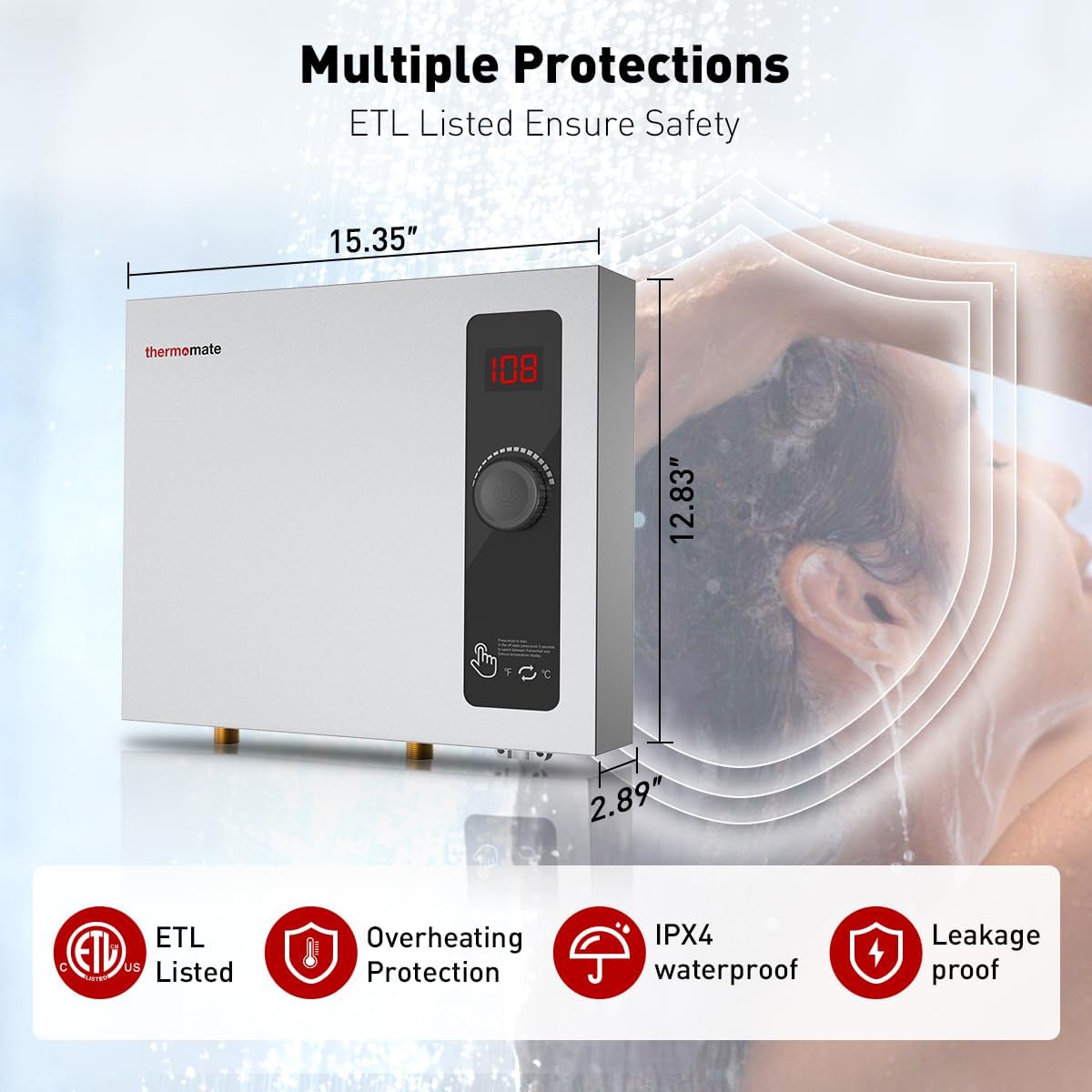 Tankless Water Heater Electric, thermomate 14kW at 240 Volt, On Demand Instant Hot Water Heater for Shower, Self-Modulating Save Energy, Save Space, 2.66GPM at 35°F Rise ET14098