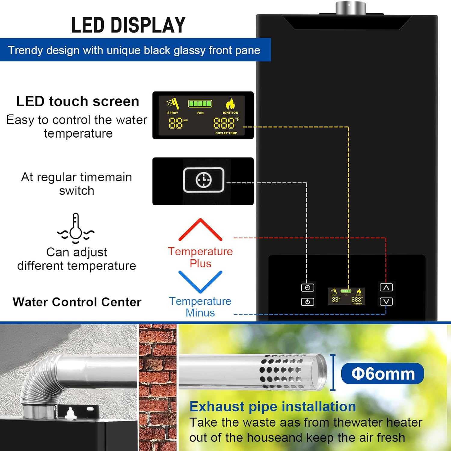 Tankless Water Heater Natural Gas,4.74GPM 18L Indoor,Instant Hot Gas Water Heater,Constant Natural Water Heater with Fahrenheit Digital Display,Multi-Protection (Black)0