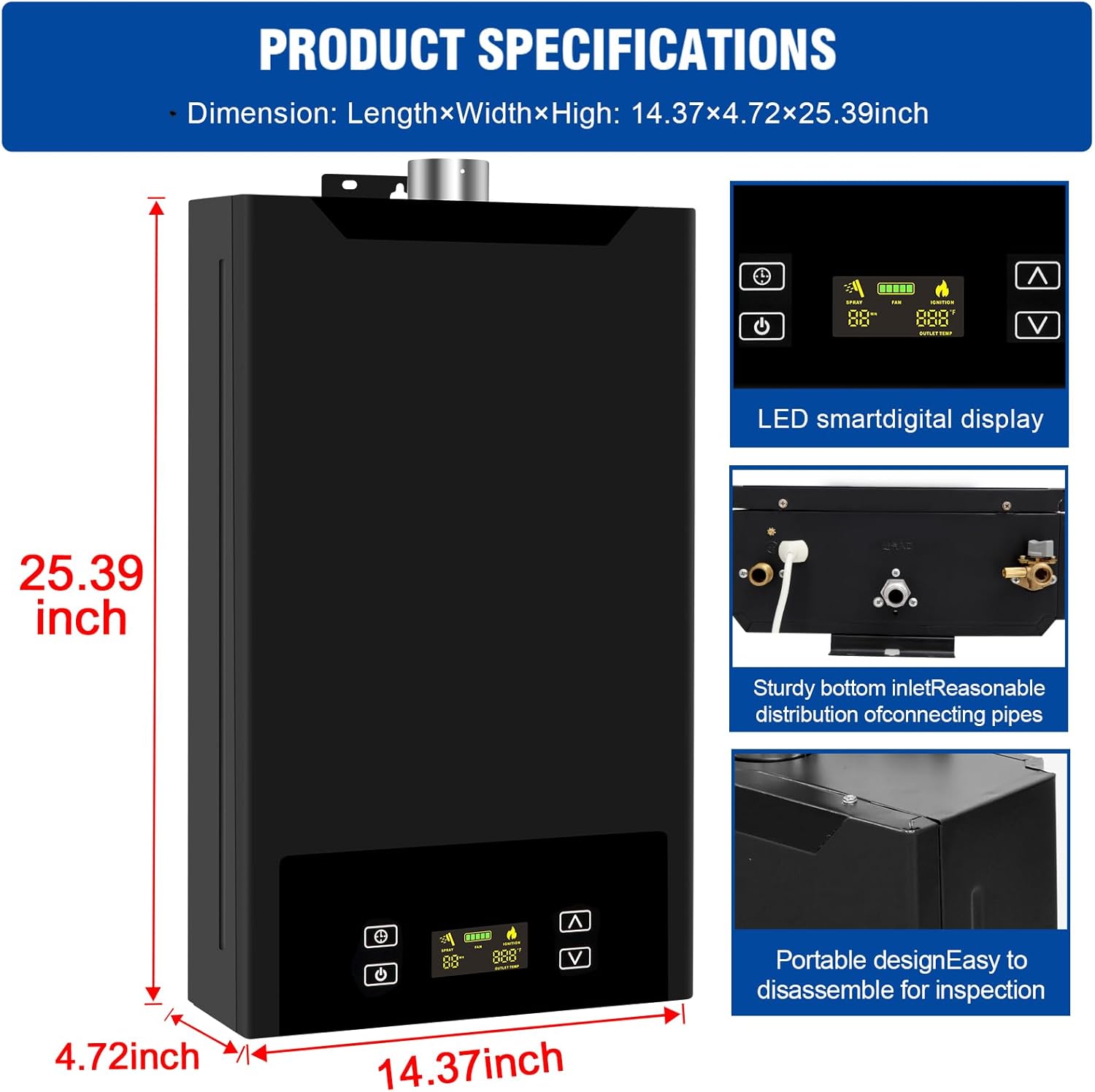 Tankless Water Heater Propane, 4.74GPM 18L Indoor,Instant Hot Propane Gas Water Heater,Constant Propane Water Heater with Fahrenheit Digital Display,Multi-Protection (Black)