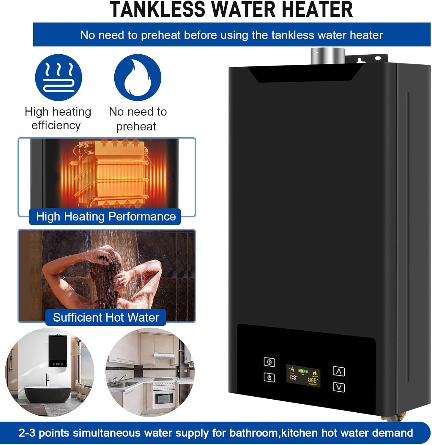 Tankless Water Heater Propane, 4.74GPM 18L Indoor,Instant Hot Propane Gas Water Heater,Constant Propane Water Heater with Fahrenheit Digital Display,Multi-Protection (Black)2