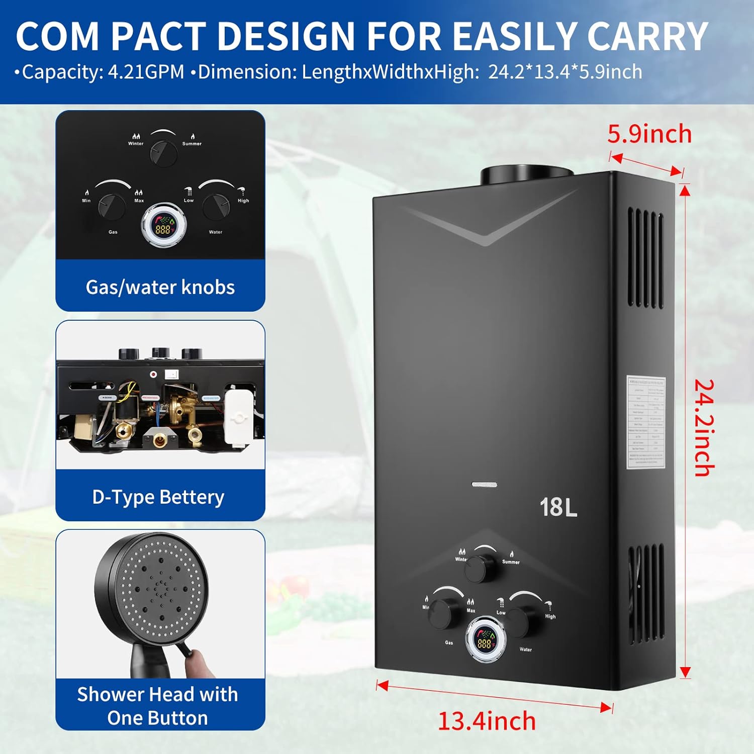 Tankless Water Heater Propane 4.74GPM 18L Outdoor Portable Water Heater Instant Propane Water Heater with Digital Display Multi-Protection for Camping Trips Boat Cabins3