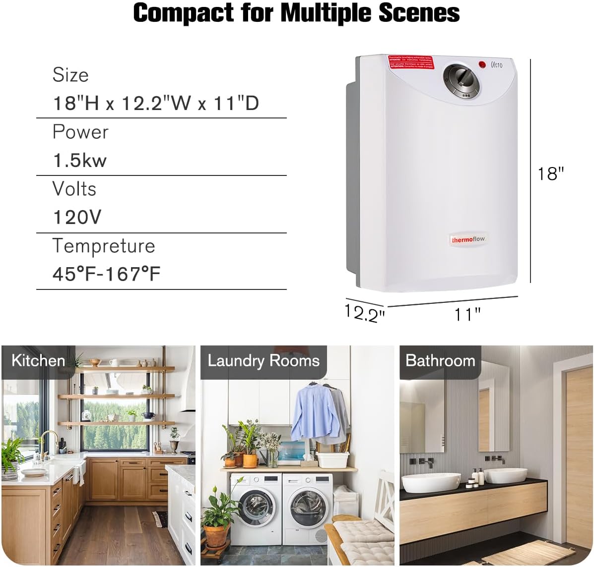 Thermoflow Electric Mini Tank Water Heater, 2.5 Gallon 120V Corded Under Sink Small Hot Water Heater for Point of Use Instant Hot Water0