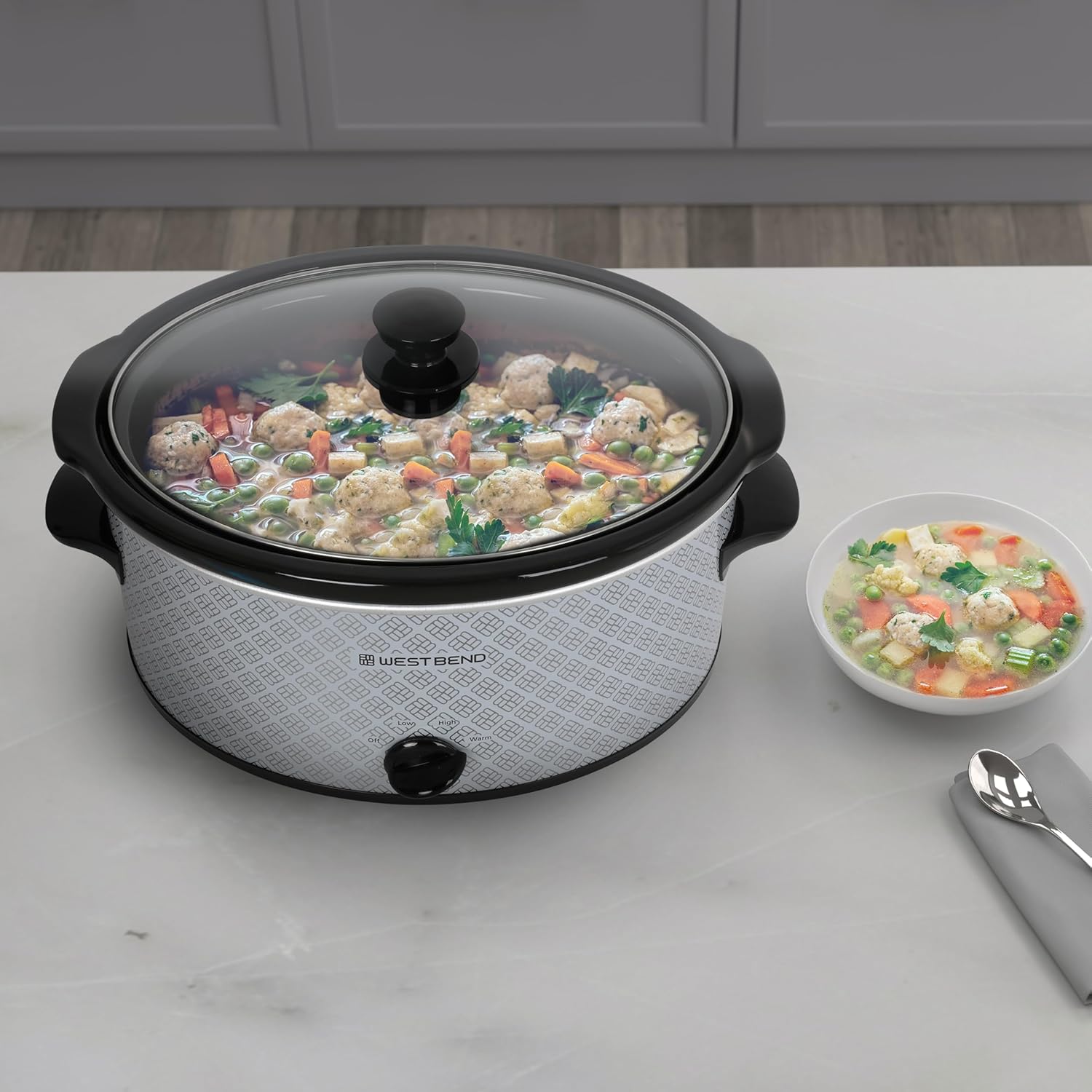 West Bend Slow Cooker 6-Quart Manual Crockery Style with Dishwasher Safe Oval Ceramic Crockpot and Glass Lid Two Temperature Settings Plus Keep Warm, 330-Watts, Silver12