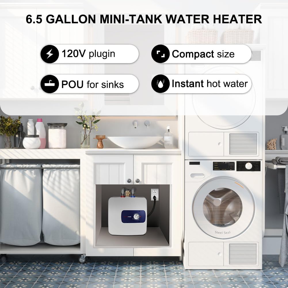 thermomate Electric Tank Water Heater, 6.5 Gallons Mini Tank Water Heater for Point of Use Instant Hot Water 120V 1440W Plugin to Use, Wall or Floor Mounted, UL Certified ES7001