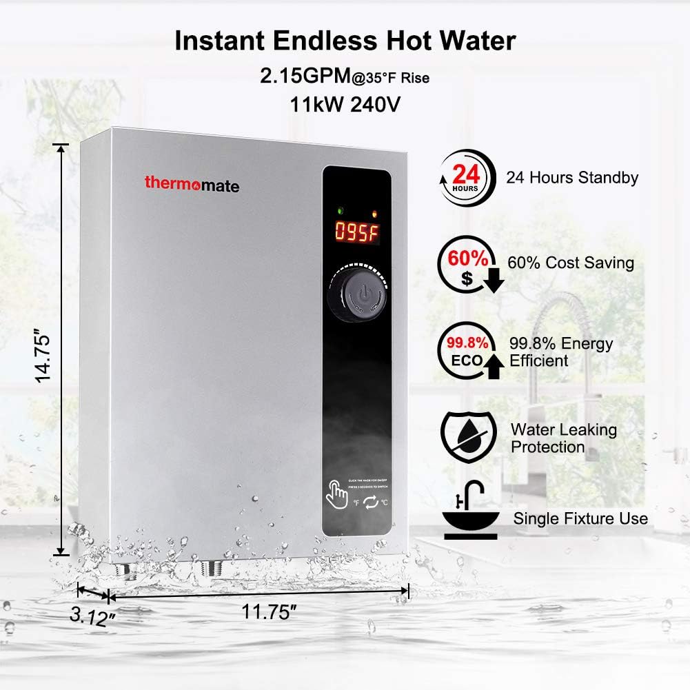 thermomate Electric Tankless Water Heater, 11kW 208~240 Volt, On Demand Instant Hot Water Heater, Self Modulating Energy Saving, Save Space, 2.15GPM at 35°F Rise1