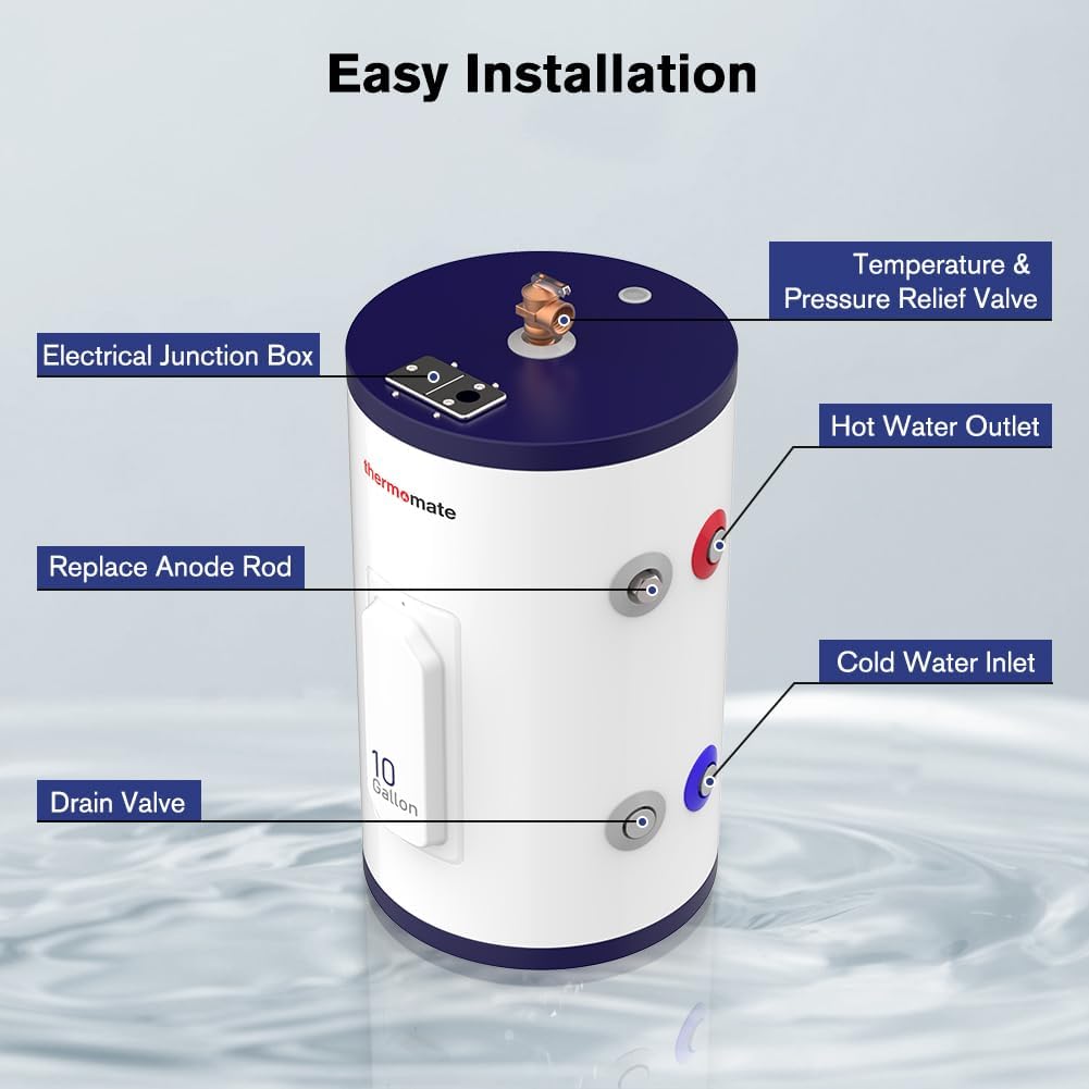 thermomate Tank Water Heater Electric, 10 Gallon Small Point of Use Hot Water Heater, 120 Volt 1500W Compact Residential Water Heater, Adjustable Thermostat, UL Listed (ES1000)0