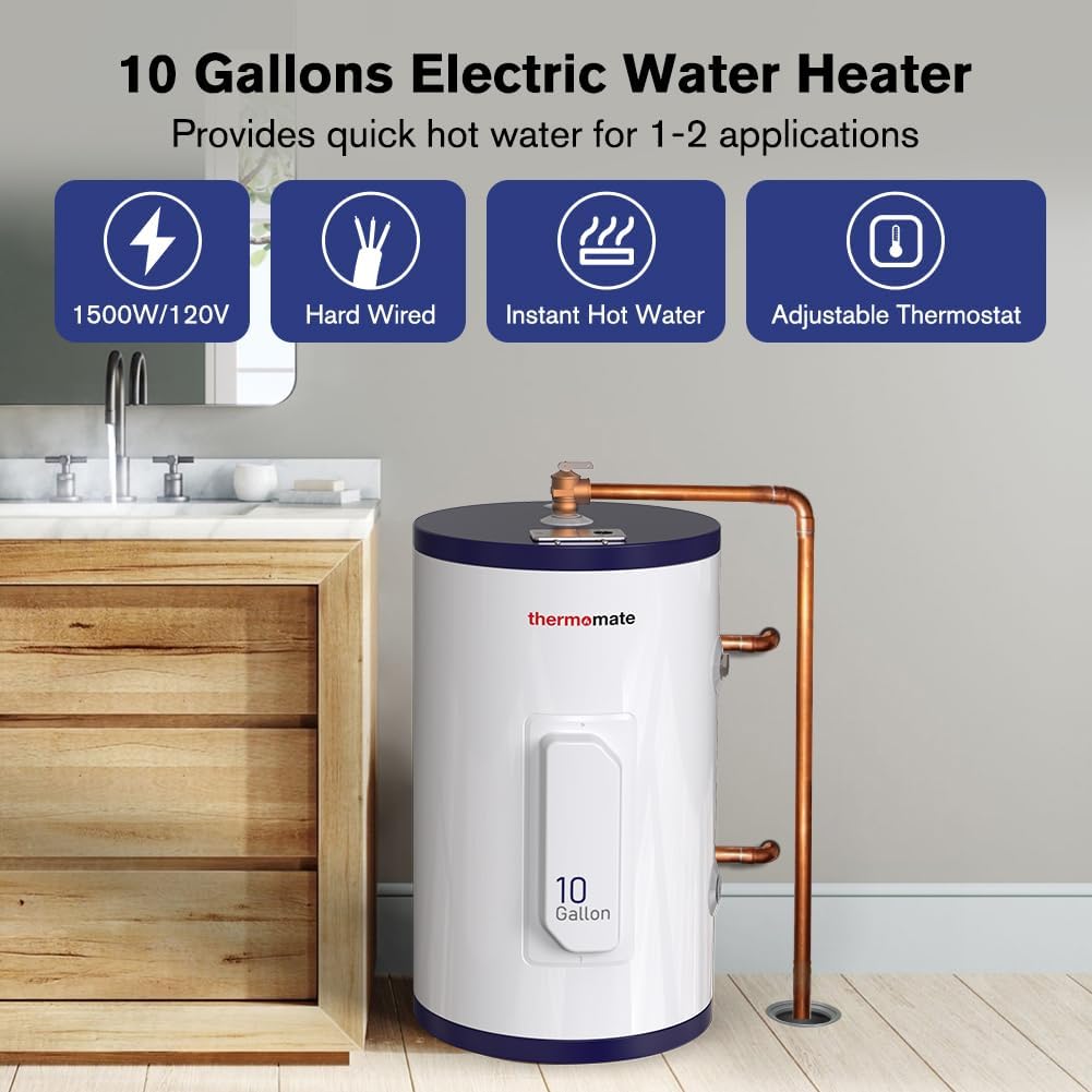 thermomate Tank Water Heater Electric, 10 Gallon Small Point of Use Hot Water Heater, 120 Volt 1500W Compact Residential Water Heater, Adjustable Thermostat, UL Listed (ES1000)1