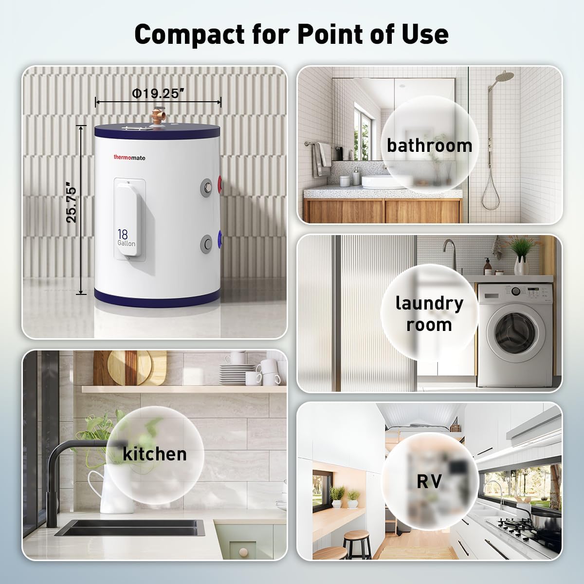 thermomate Tank Water Heater Electric, 18 Gallon Small Point of Use Hot Water Heater for Washing & Shower, 120Volt 1500W Compact Residential Water Heater, Adjustable Thermostat, UL Listed2
