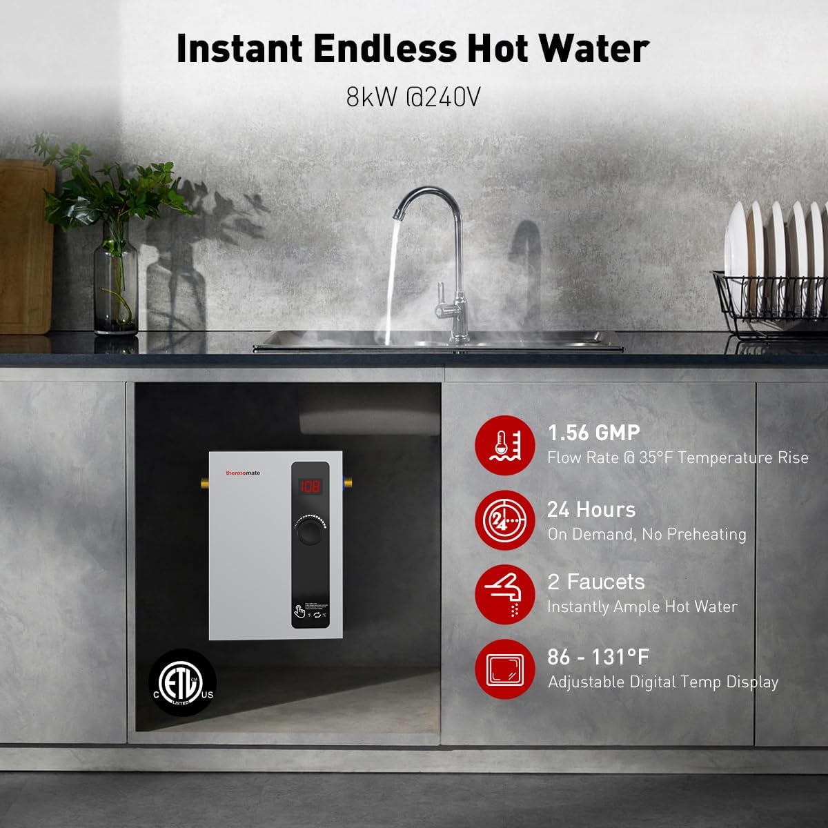 thermomate Tankless Water Heater Electric, 8kW at 240 Volt, On Demand Instant Hot Water Heater for Point of Use, Self-Modulating Save Energy, Save Space, 1.56GPM at 35°F Rise1