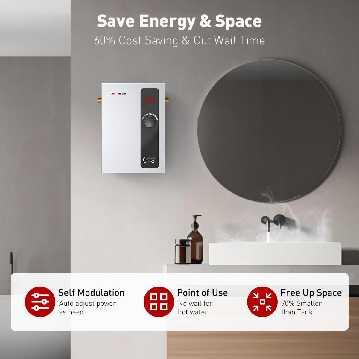 thermomate Tankless Water Heater Electric, 8kW at 240 Volt, On Demand Instant Hot Water Heater for Point of Use, Self-Modulating Save Energy, Save Space, 1.56GPM at 35°F Rise45