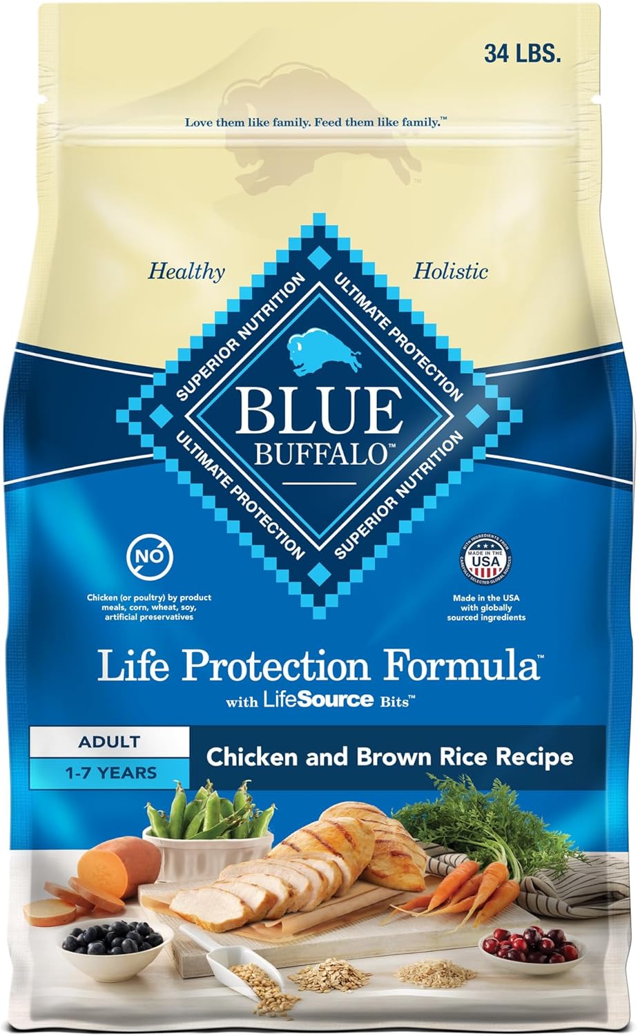 Blue Buffalo Life Protection Formula Adult Dry Dog Food, Helps Build and Maintain Strong Muscles, Made with Natural Ingredients, Chicken & Brown Rice Recipe, 34-lb. Bag Blue Buffalo Life Protection Formula Adult Dry Dog Food, Helps Build and Maintain Strong Muscles, Made with Natural Ingredients, Chicken & Brown Rice Recipe, 34-lb. Bag