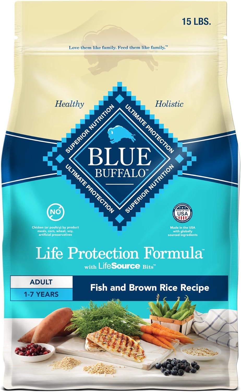 Blue Buffalo Life Protection Formula Adult Dry Dog Food, Helps Build and Maintain Strong Muscles, Made with Natural Ingredients, Fish & Brown Rice Recipe, 15-lb Bag Blue Buffalo Life Protection Formula Adult Dry Dog Food, Helps Build and Maintain Strong Muscles, Made with Natural Ingredients, Fish & Brown Rice Recipe, 15-lb Bag