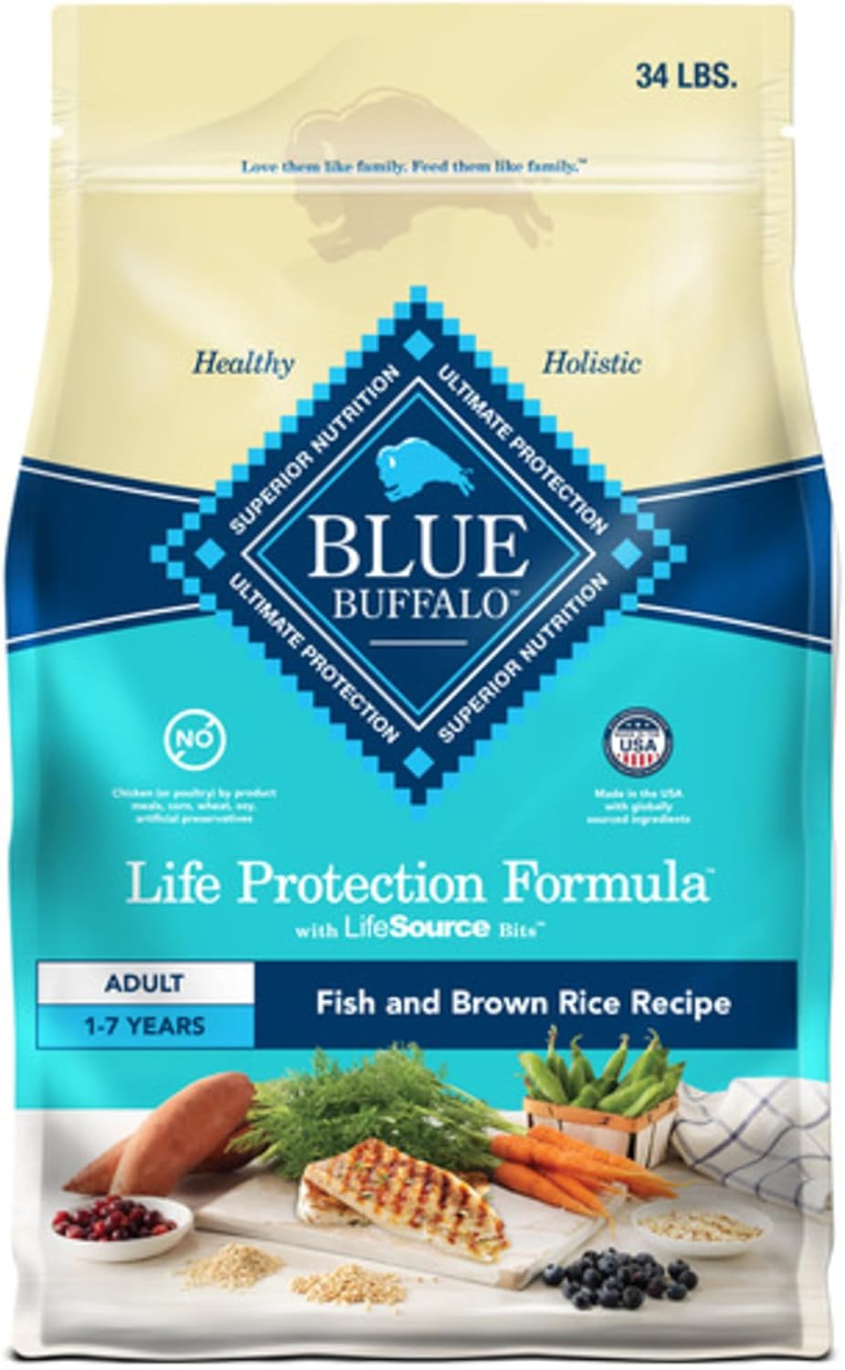 Blue Buffalo Life Protection Formula Adult Dry Dog Food, Helps Build and Maintain Strong Muscles, Made with Natural Ingredients, Fish & Brown Rice Recipe, 34-lb. Bag Blue Buffalo Life Protection Formula Adult Dry Dog Food, Helps Build and Maintain Strong Muscles, Made with Natural Ingredients, Fish & Brown Rice Recipe, 34-lb. Bag