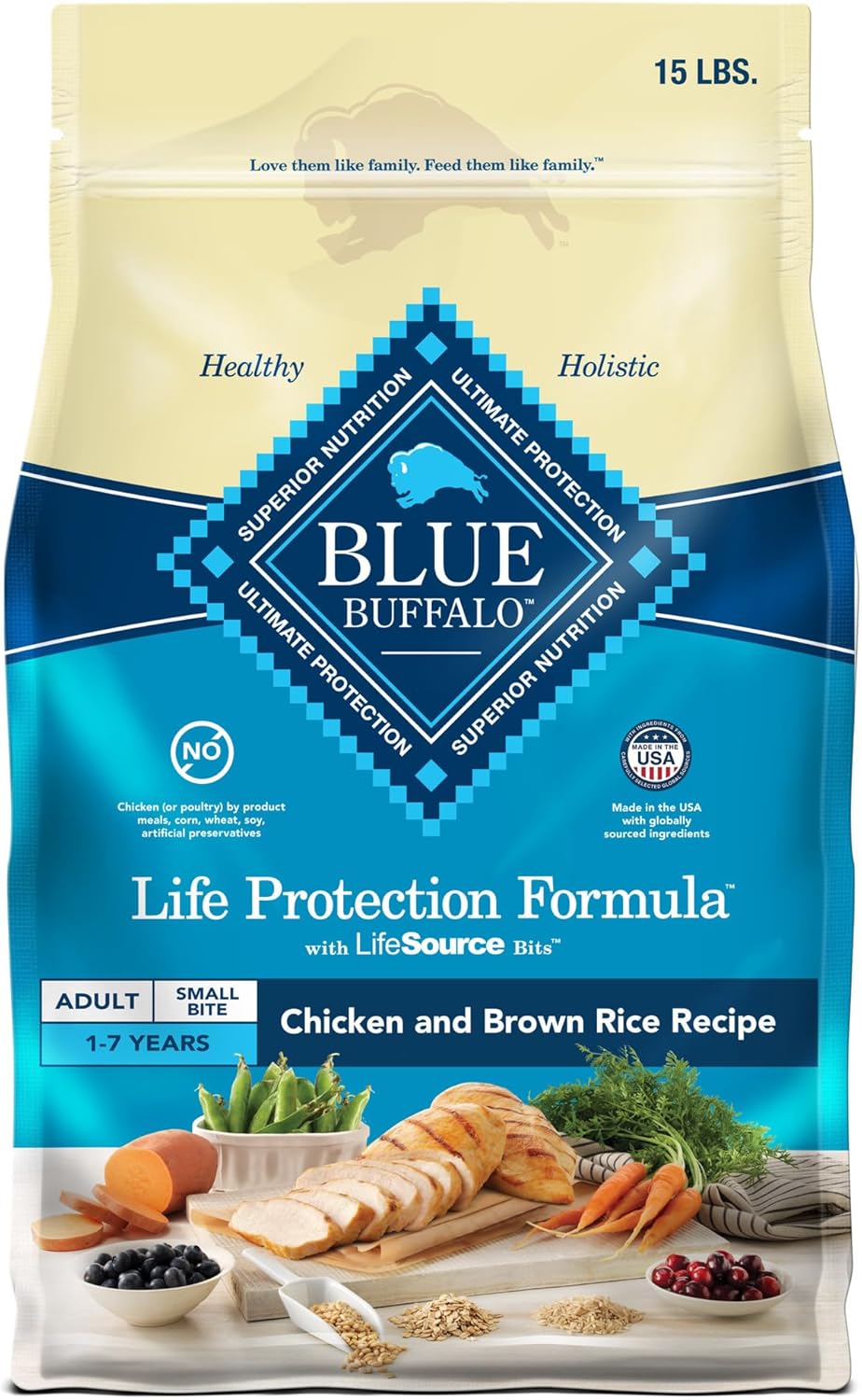Blue Buffalo Life Protection Formula Adult Small Bite Dry Dog Food, Helps Build and Maintain Strong Muscles, Made with Natural Ingredients, Chicken & Brown Rice Recipe, 15-lb. Bag Blue Buffalo Life Protection Formula Adult Small Bite Dry Dog Food, Helps Build and Maintain Strong Muscles, Made with Natural Ingredients, Chicken & Brown Rice Recipe, 15-lb. Bag