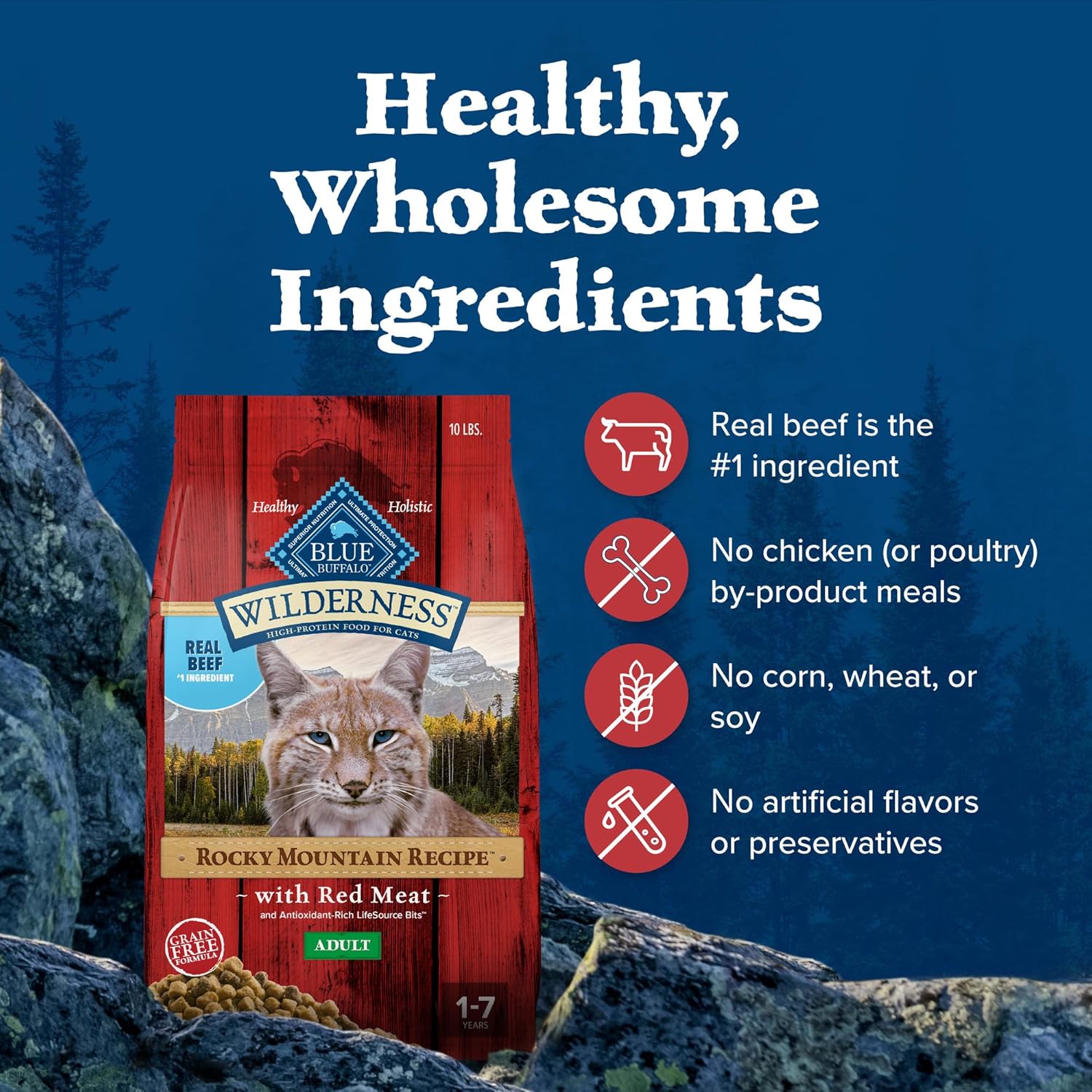 Blue Buffalo Wilderness Adult Dry Cat Food, Rocky Mountain Recipe, Chicken-Free & Grain-Free Recipe Made with Natural Ingredients, Red Meat, 10-lb Bag0