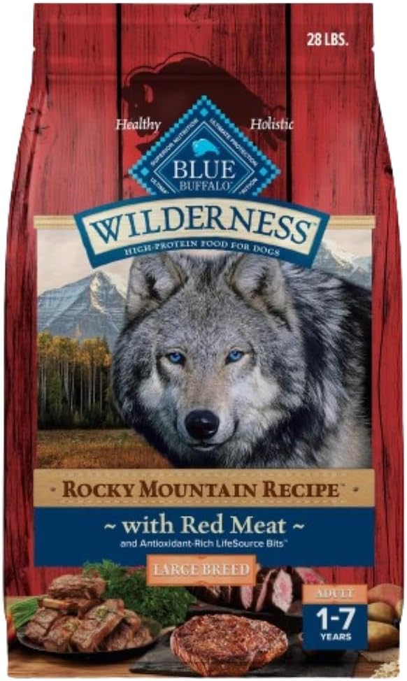 Blue Buffalo Wilderness High-Protein Rocky Mountain Recipe Dry Food for Large Breed Adult Dogs, Red Meat & Grains, 28-lb. Bag Blue Buffalo Wilderness High-Protein Rocky Mountain Recipe Dry Food for Large Breed Adult Dogs, Red Meat & Grains, 28-lb. Bag