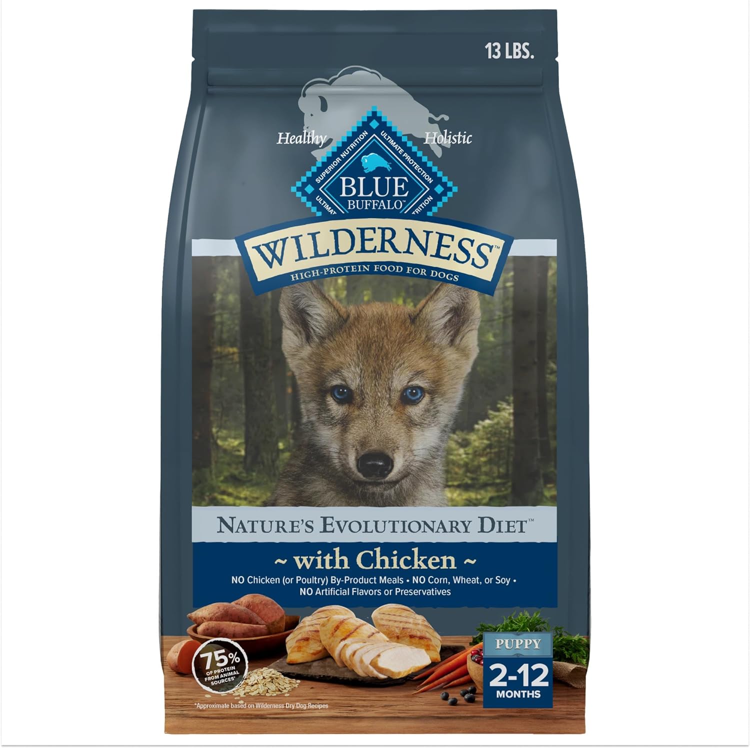 Blue Buffalo Wilderness Puppy High Protein Dry Dog Food With Real Chicken Plus Wholesome Grains, Made in the USA with Natural Ingredients, Chicken, 13-lb. Bag Blue Buffalo Wilderness Puppy High Protein Dry Dog Food With Real Chicken Plus Wholesome Grains, Made in the USA with Natural Ingredients, Chicken, 13-lb. Bag