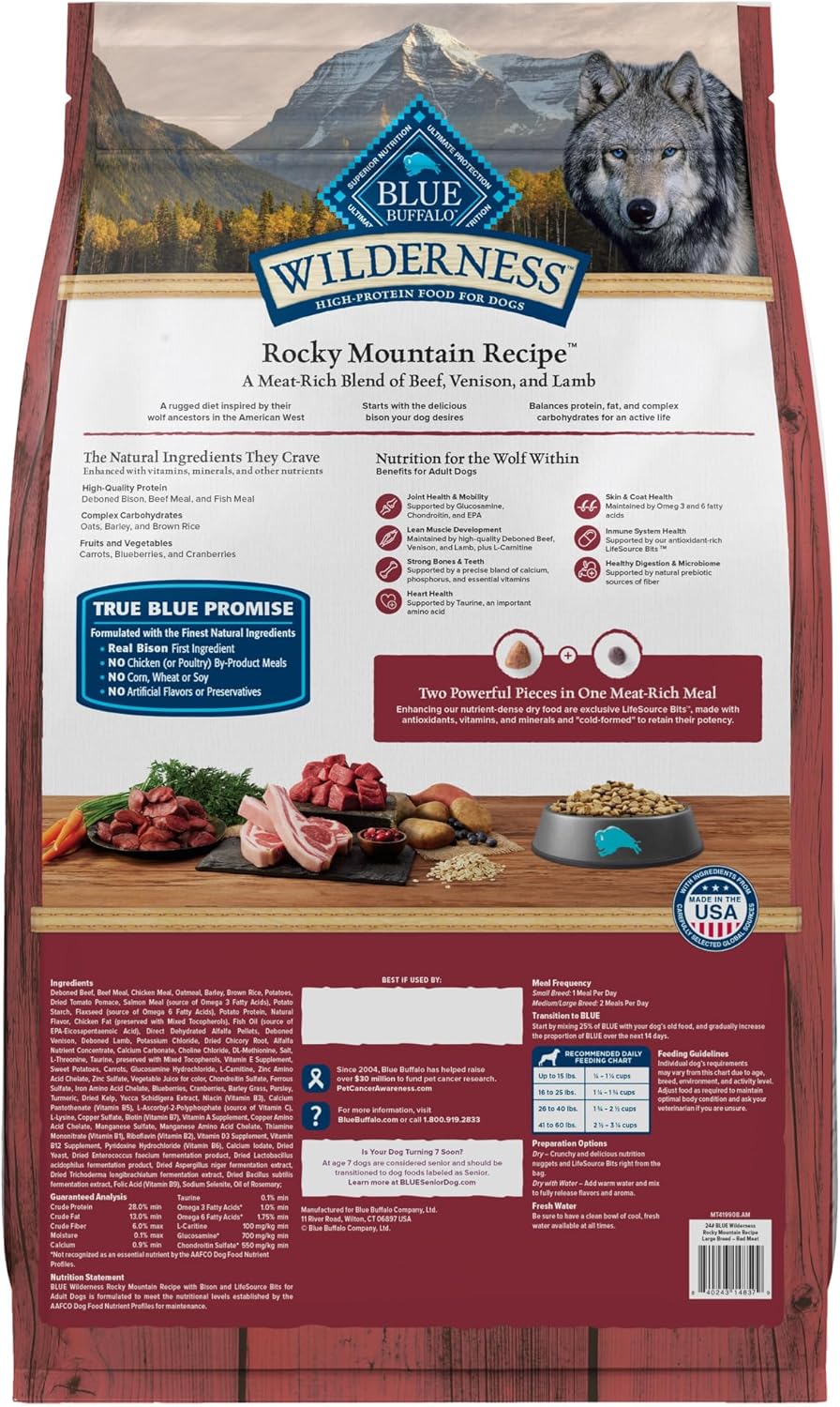 Blue Buffalo Wilderness Rocky Mountain Recipe High-Protein Large Breed Adult Dry Dog Food, Made in the USA with Natural Ingredients Plus Wholesome Grains, Red Meat, 24-lb. Bag1