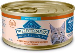 Blue Buffalo Wilderness Wild Delights Meaty Morsels Wet Cat Food, High-Protein & Grain-Free, cwith Natural Ingredients, Chicken & Turkey Recipe in Tasty Gravy, 3-oz. Cans (24 Count)