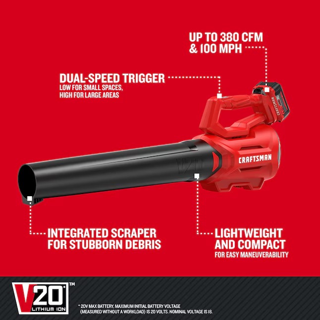CRAFTSMAN CMCBL700M1 20-volt Max 380-CFM 100-MPH Battery Handheld Leaf Blower 4 Ah (Battery and Charger Included)2_11zon